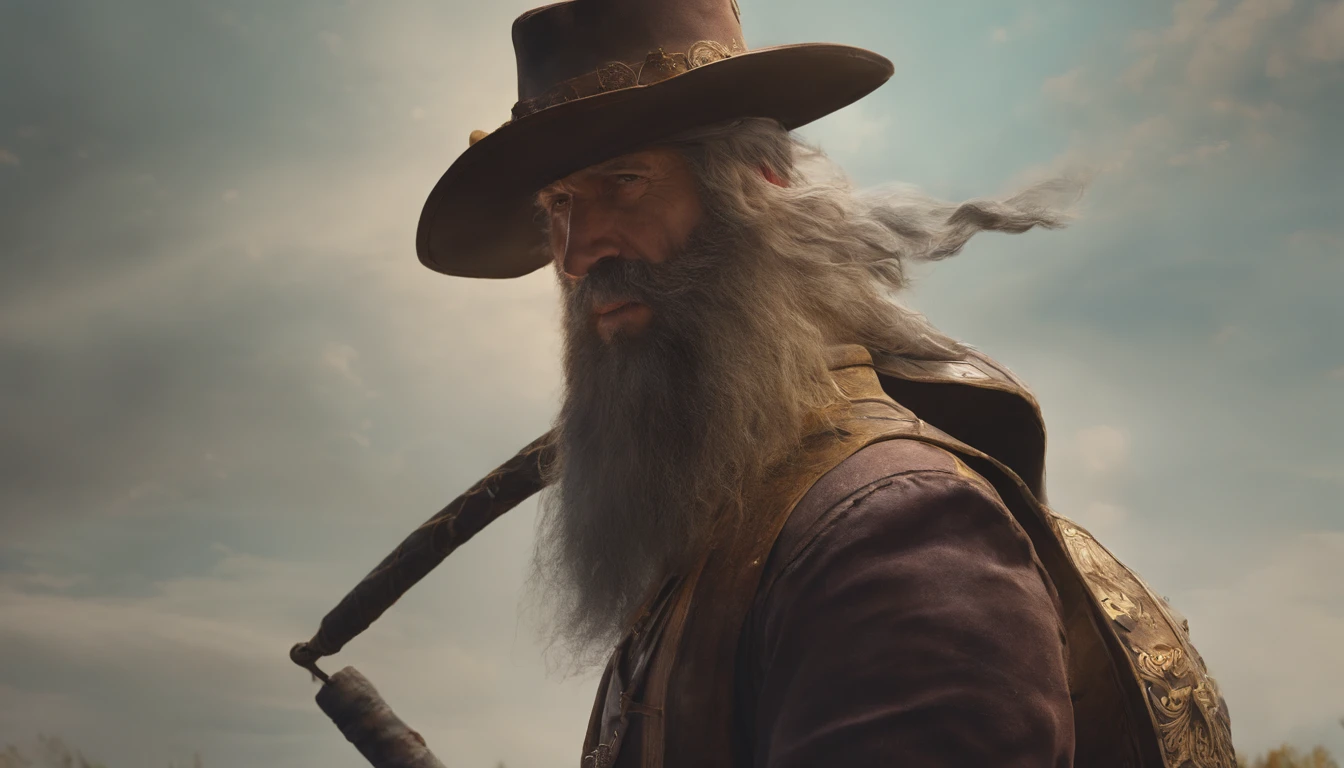 There's a man with a beard and hat with a machine, Cyber Steampunk 8 K 3D, Velho cyberpunk, Papel de parede solarpunk 4k, Arte digital altamente detalhada em 4k, cyber steampunk, soldado futurista, cyber space cowboy, epic scifi character art, sci - personagem de fi, Epic Sci - Arte do Personagem de Fi:, Epic Sci-Fi Character Art