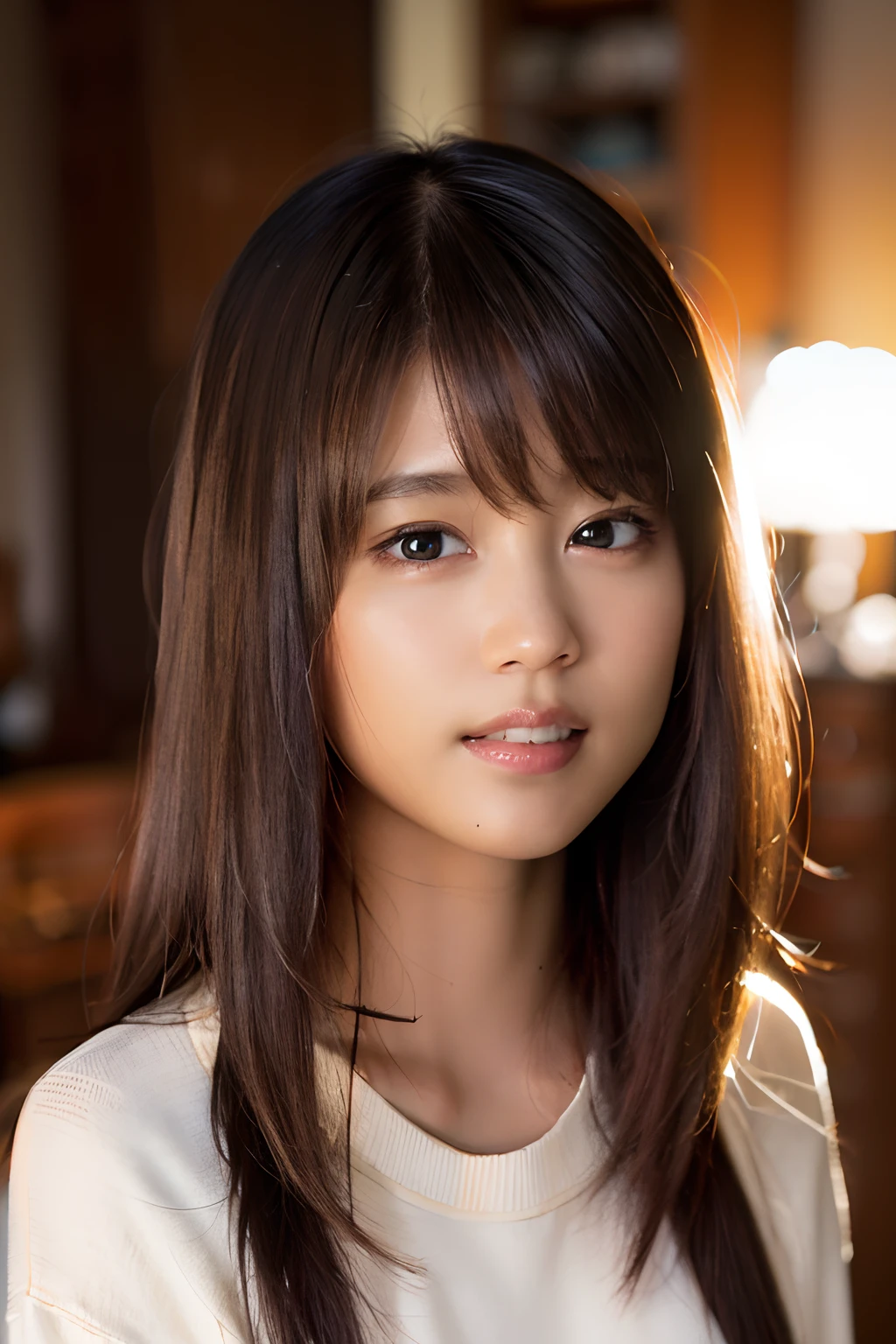 (8k, RAW photo, best quality, masterpiece:1.2), (realistic, photo-realistic:1.37), ultra-detailed, ultra high res,1 girl,looking at viewer,beautiful detailed face,smile,narrow,(slim waist:1.3),shirt, beautiful detailed skin, skin texture, floating hair,professional lighting,