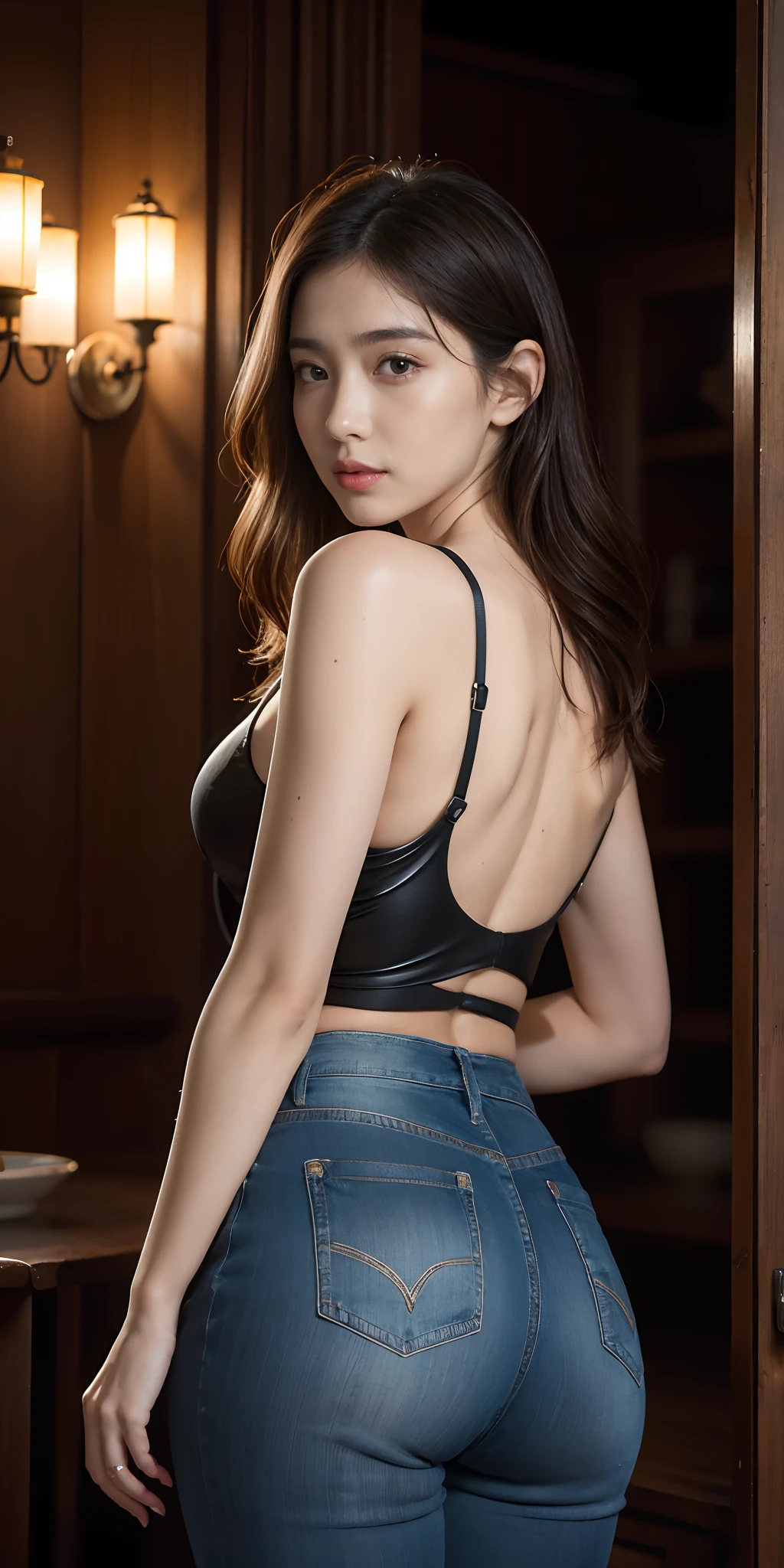 Full face portrait photo of a 25-year-old European girl, RAW, beautiful woman, semi-open strawberry lips, dimples, wistful look, (extra long wavy brown hair), ((detailed face)), ((detailed facial features)), (finely detailed skin), pale skin, (deep neckline detailed high-tech cyberpunk dress), cyberpunk megacity environment, (cool colors), damp, damp, reflections, (masterpiece) (perfect proportion)(realistic photo)(best quality) (detailed) shot on a Canon EOS R5, 50mm lens, F/2.8, HDR, (8k) (wallpaper) (cinematic lighting) (dramatic lighting) (sharp focus) (intricate), RAW photo, RAW photo, gigachad photo, posing for camera, black jeans, back arms, 8k uhd, dslr, high quality, grain film, Fujifilm XT3