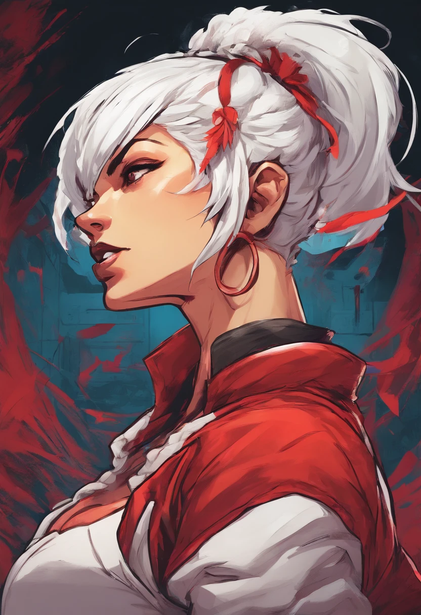 foxy_(kof), highres, 1girl, armpits, , covered_navel, gloves, headband, large_breasts, long_hair, looking_at_viewer, midriff, ponytail rapier red_eyes, solo, sword weapon, white_hair