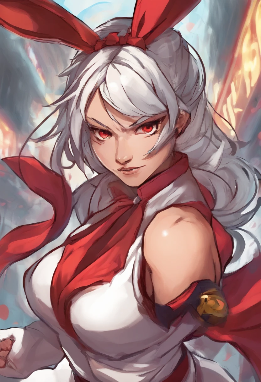(fuuma kotaro,red eyes,face mark,body mark,long hair,grey hair,muscular female,abs,santa dress,old woman,48 years old,wrinkled face,illustration,extra detailed background scene,best quality,4k,8k,highres,masterpiece:1.2),ultra-detailed,portrait,sharp focus,professional,vivid colors,bokeh,studio lighting,blue and red color tone,soft lighting effect.