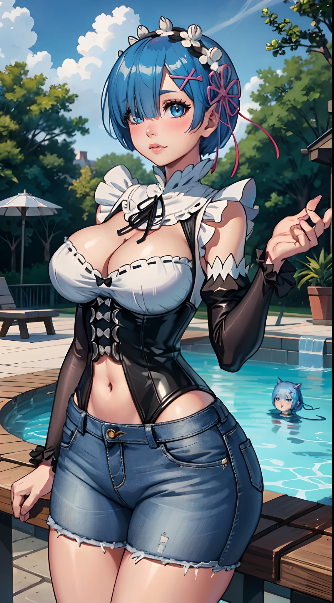 (best quality:1.3), (4k quality), 1 mature woman, rem by re:zero, curvy body, ((Detailed face)), (blush), pool , (shorts jeans)