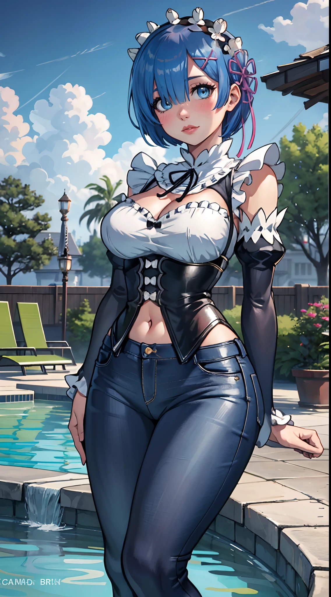 (best quality:1.3), (4k quality), 1 mature woman, rem by re:zero, curvy body, ((Detailed face)), (blush), pool , (shorts jeans)