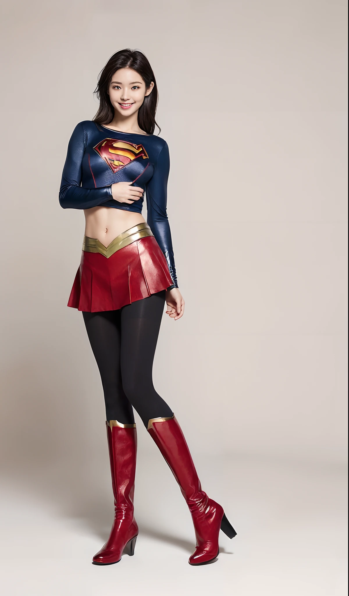 (((Wear black tights on your beautiful legs.)))、(((Grow legs、tall、beauty legs)))、(((facial expression of smile)))、((((Make the most of the original image)))、(((Supergirl Costume)))、(((beautiful hairl)))、(((Suffering)))、(((Feet must necessarily be worn with black tights)))、(((You need to wear red boots)))、((Top image quality、8K))、((top-quality、8K、masterpiece:1.3))、(((Keep your background simple)))、Crisp focus:1.2、Beautiful woman with perfect body shape:1.4、Slender Abs:1.2、Highly detailed facial and skin texture、8K