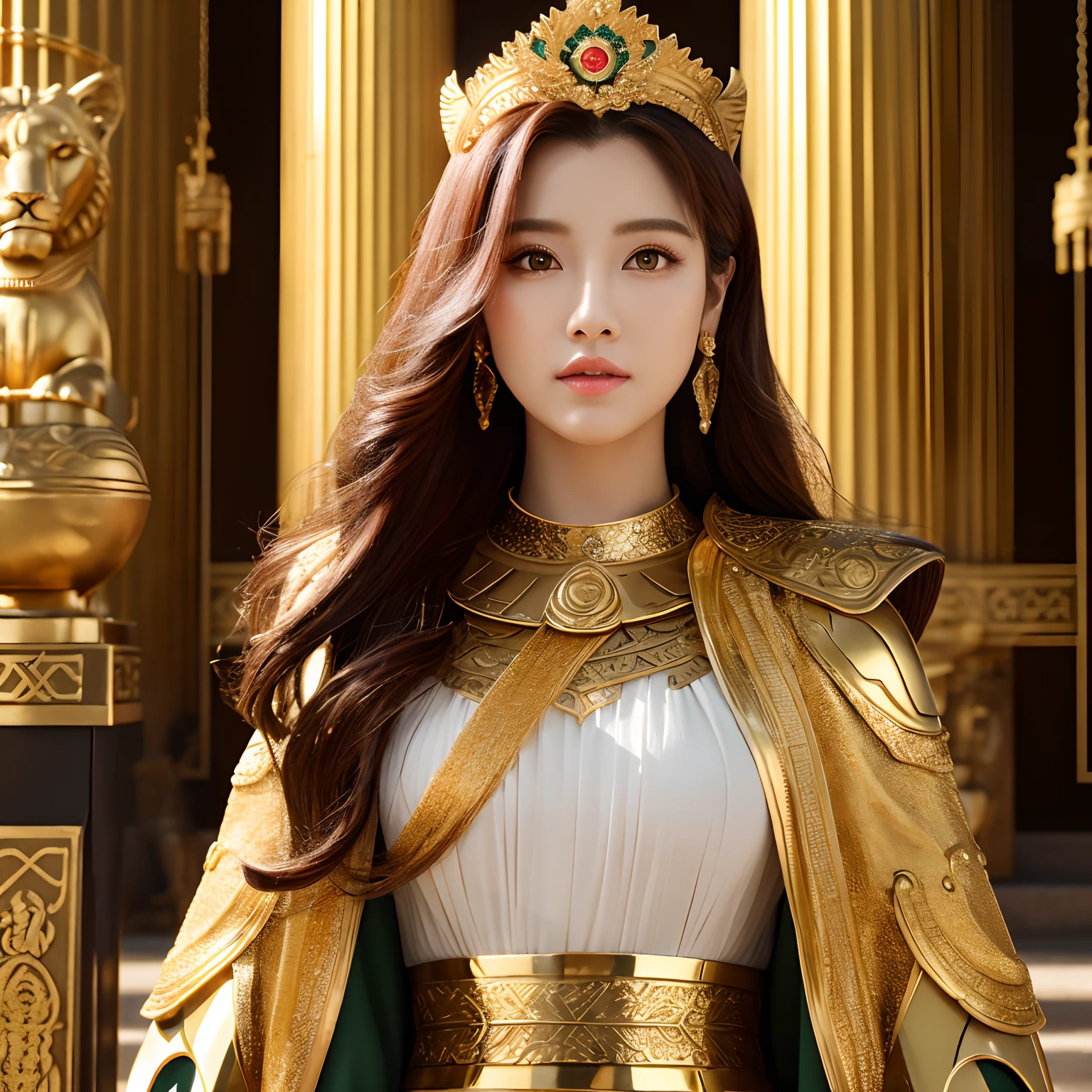 Babylonia、Ancient temples、Best Quality, Very high resolution, 4K Detail CG, ​master piece、aesthetics、Center the screen、Mysterious、Queen of Heaven、Light of the World、Ishtar, the great goddess of Babylon、solemnity、thickness、 Increase your fighting spirit、Awe-inspiring Hall々、Invincible Great General、The one who leads the whole army、Be brave and bold、Sharp beauties、Veteran Hero、Guardian of the Lions、dignity、refinement、noble、Proud、Wearing noble jewelry、The appearance is golden armor、tall and slender、long red hair、thirds rule、masutepiece