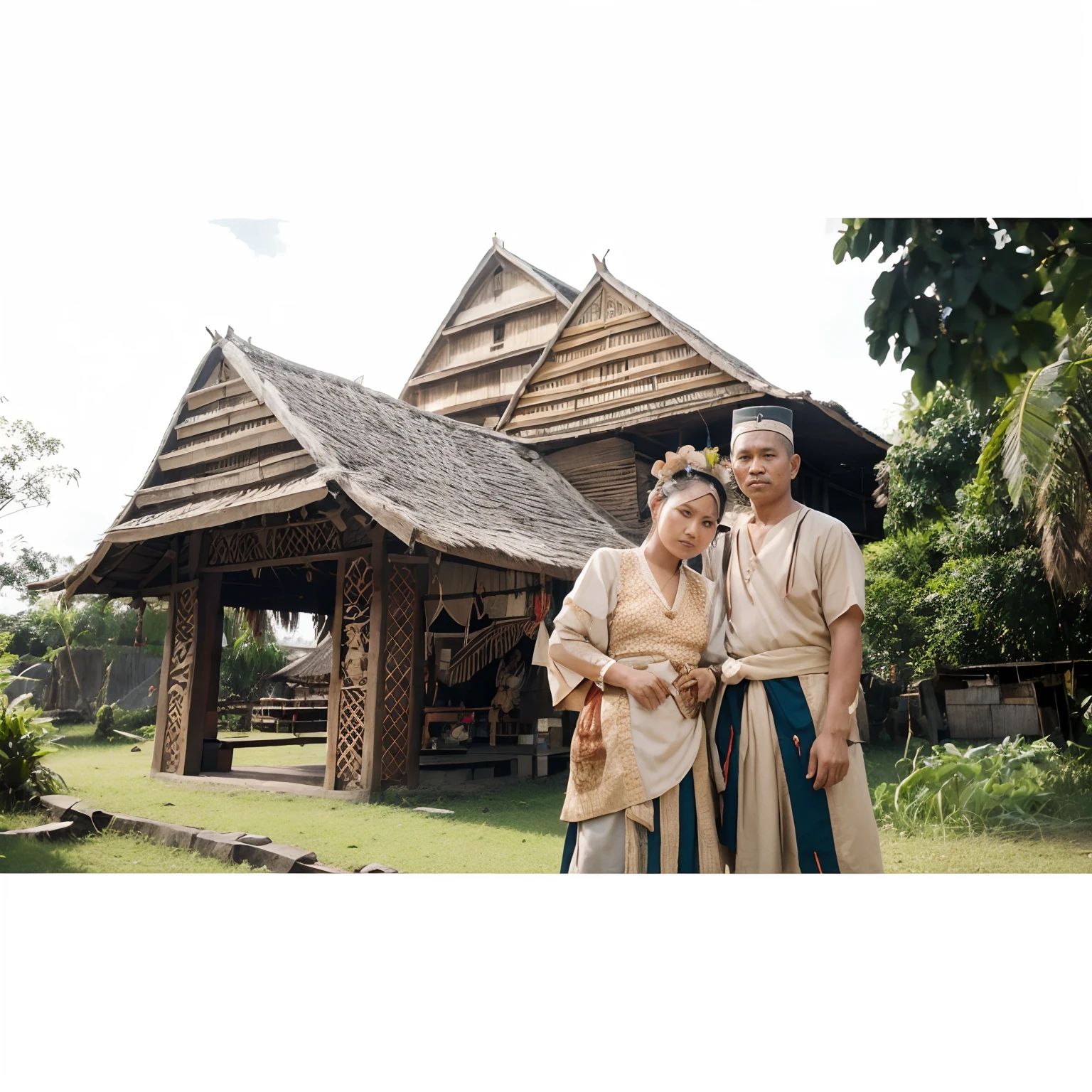 couple, traditional clothes of the Bugis tribe, South Sulawesi, perfose, behind there is a traditional Bugis house, old era feel, evening light, ultra detail face, ultra detail eye, cinematic lighting, realistis,8k