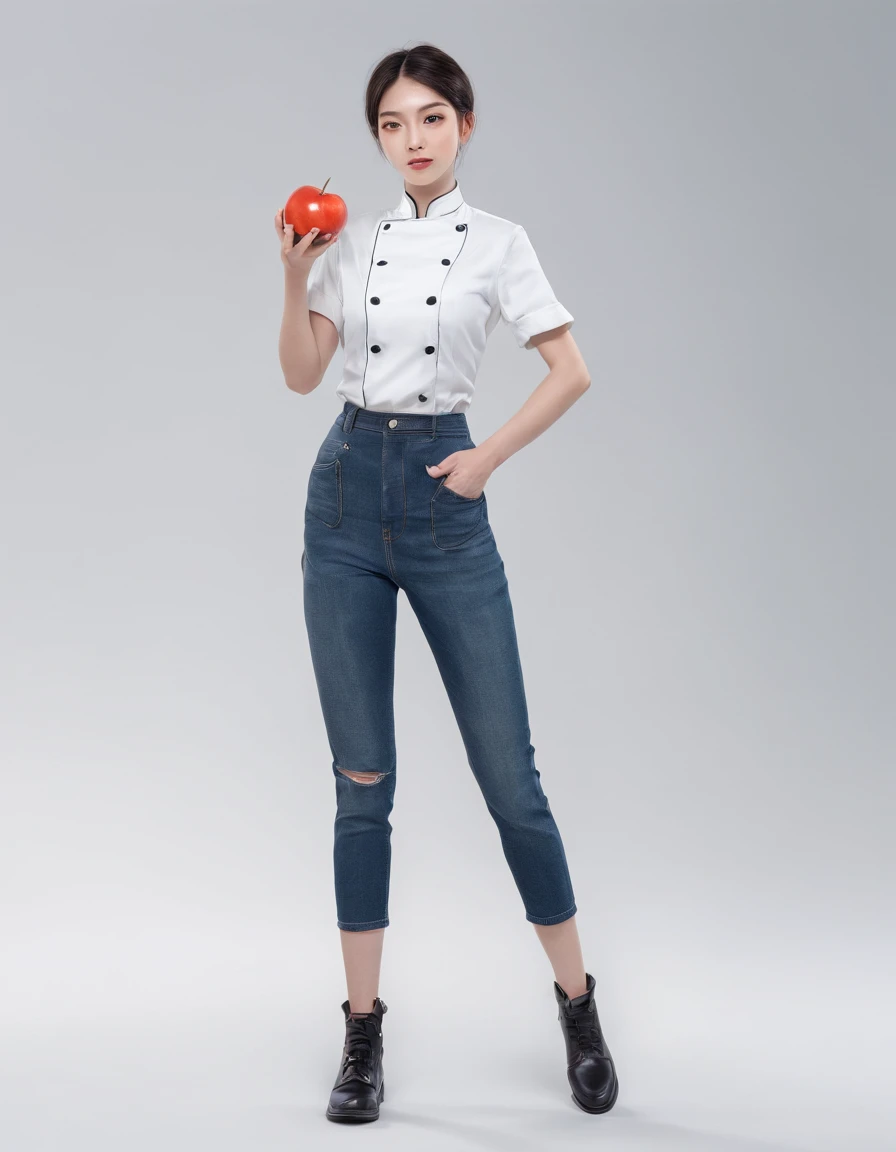 In a pixie goth style. The worlds most beautiful female super chef, 1 person, energetic in face paced high octane professional kitchen. Full view body shot ((head to toe)) on Kodak. Person is wearing tight fitting white t-shirt and skinny-fit denim jeans. Detailed imagery, people photography. Person is sweating heavily due to heat of kitchen. Intense stage lighting. ar7:9 {deformed bodies} {extra limbs}