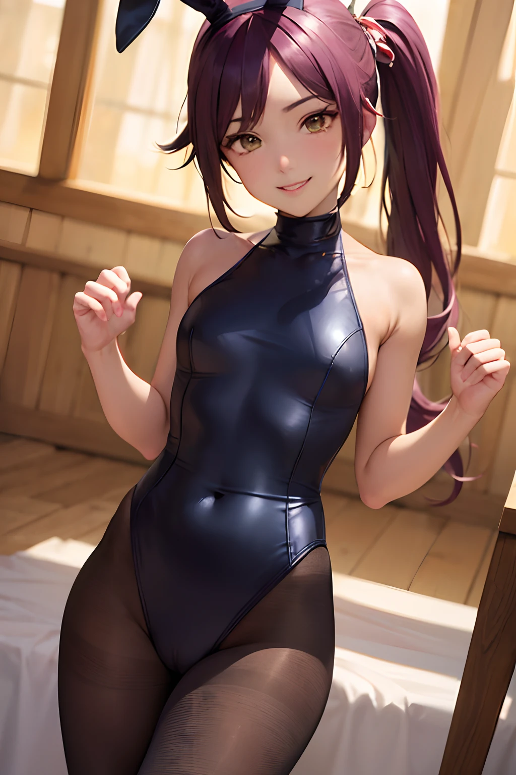 (masterpiece、top-quality:1.2)、cowboy shot、独奏、1girll、Shihoin Yoruichi、A smile、see the beholder、long pony tail、((bunnygirl))、(Leotard)、(pantyhose)、Brown-skinned、Provoking poses