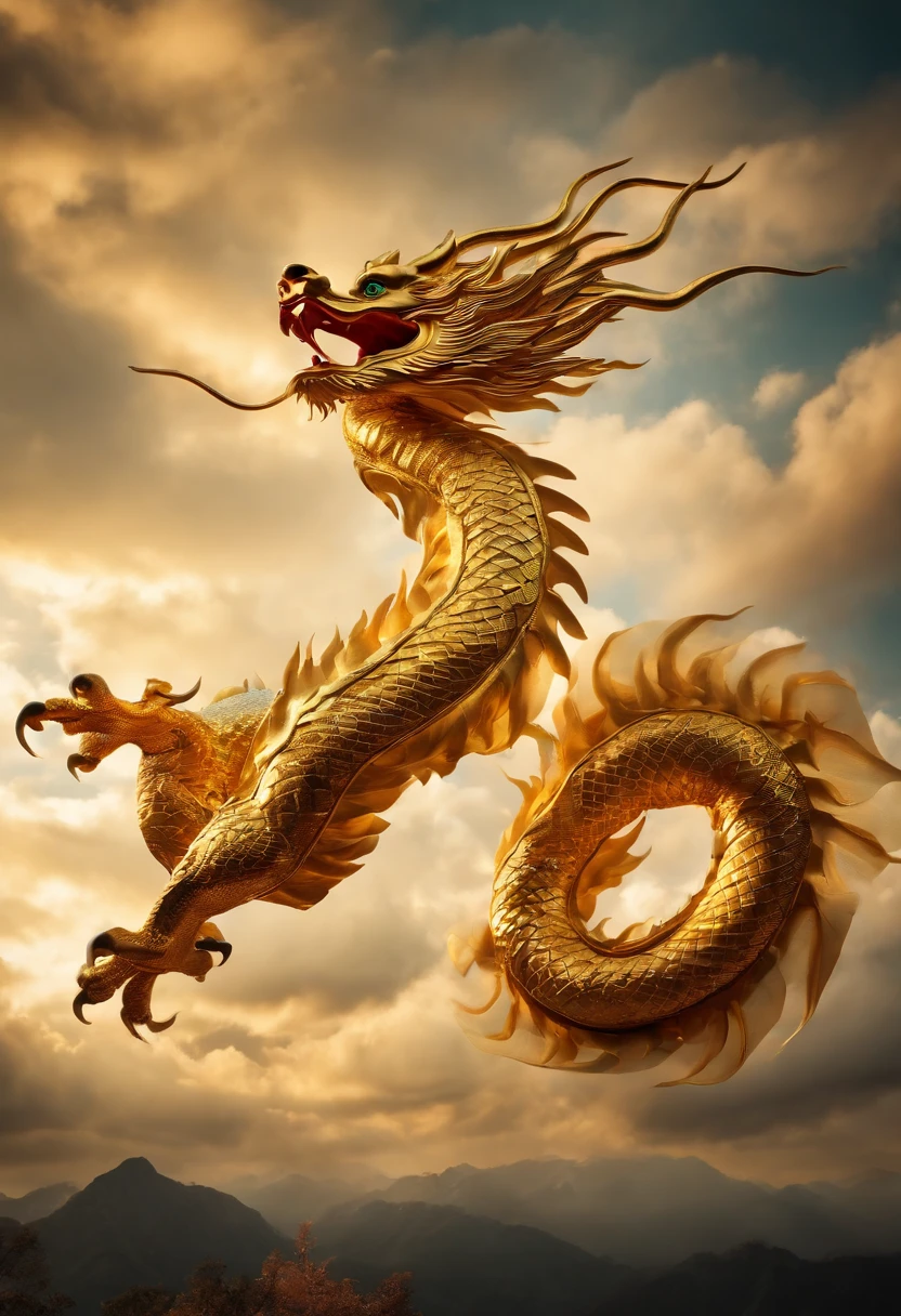 A golden dragon painted in a traditional Japanese style。The dragon flies through the air in a dynamic pose.、There are clouds flowing around it。The dragon's scales are detailed.、Golden shine、The expression is powerful and dignified。In the background, dark clouds swirling and lightning flashing.、Creates a dramatic and powerful atmosphere。The overall style is reminiscent of Japanese art from the Edo period.、Characterized by thick lines and fine details、Full of movement and energy。