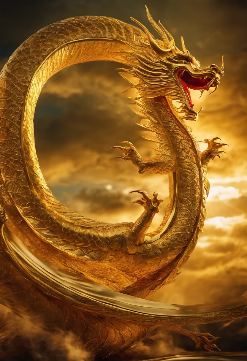 A spinning golden Chinese dragon soaring into the sky