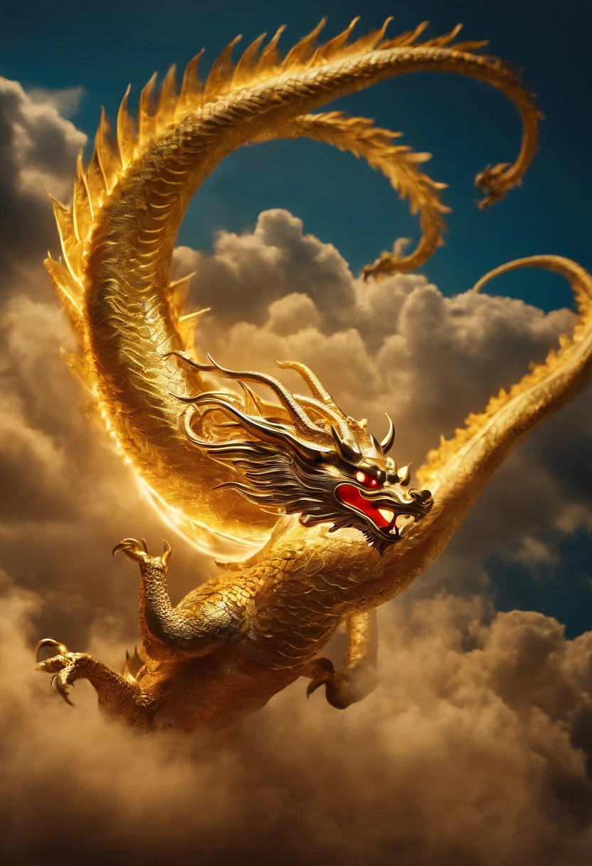 A spinning golden Chinese dragon soaring into the sky