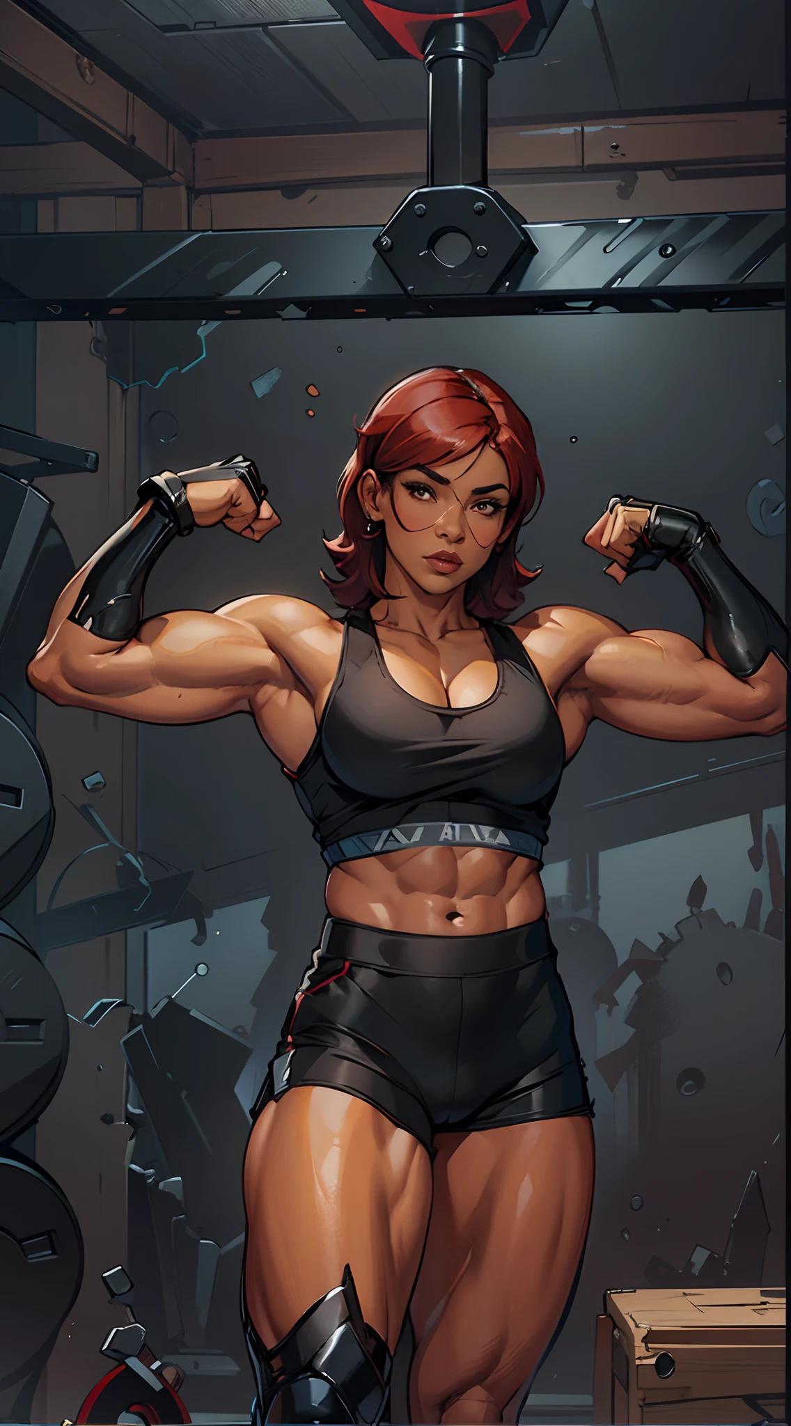 woman, black skin, short straight red hair, muscular, fit body, big muscular biceps, thick leg, muscular leg, black mini shorts, short black gym top