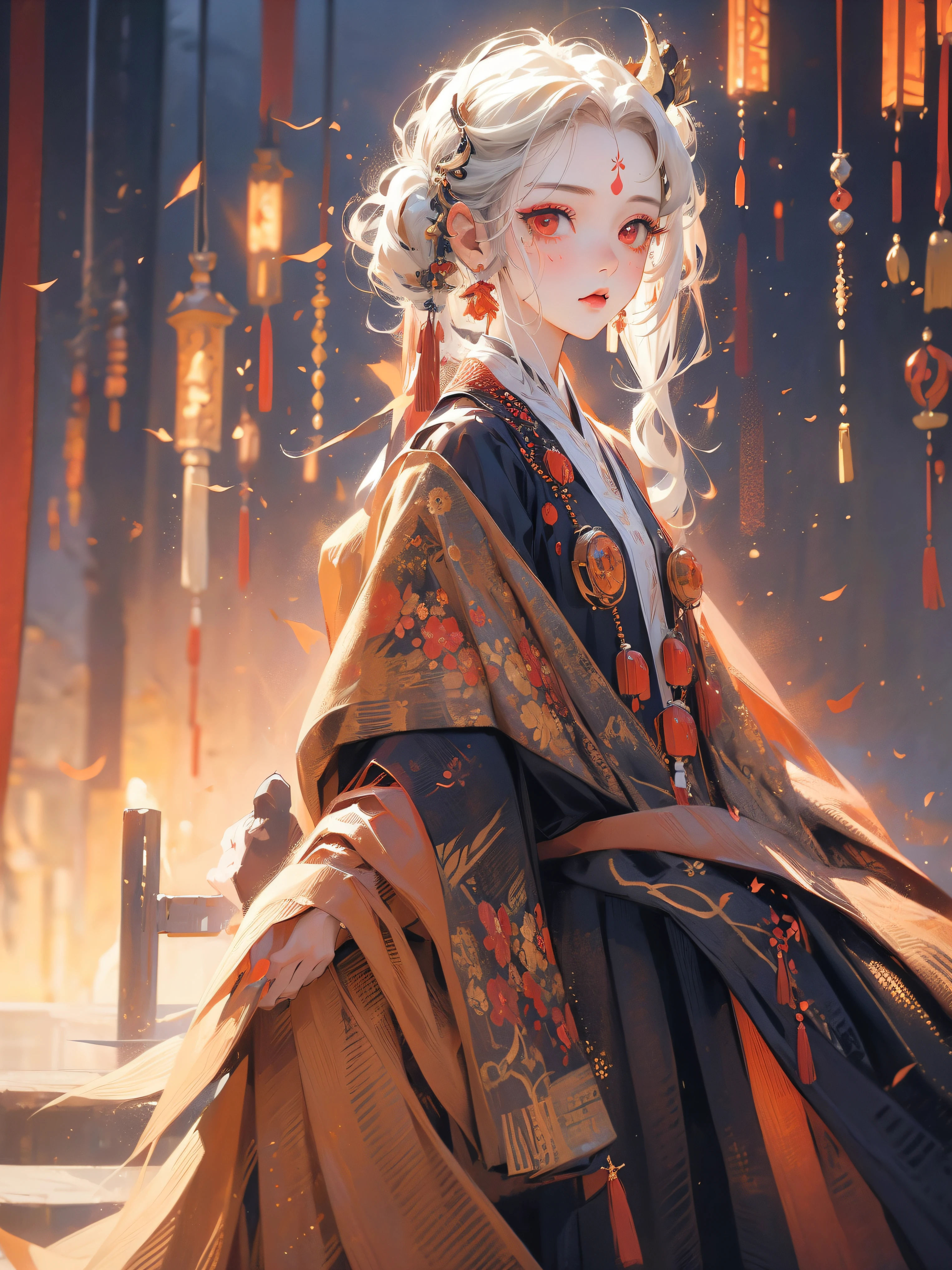 (masterpiece), best quality,rich background,lantern, beautiful detailed hair ,detailed face, 1 girl, solo, cowboy shot, perfect feminine face, very stunning woman, traditional hanfu,obi, chesnut white hair, short hair,twintails,red eyes,simple eyelashes,blushing,mole under mouth,off shoulders,off shoulders,facepaint,