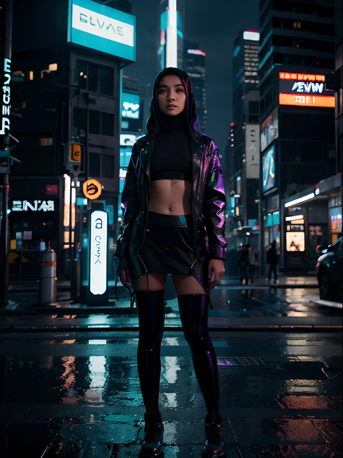 Craft an electrifying scene set in a futuristic, neon-lit cyberpunk cityscape at night. Towering skyscrapers with holographic billboards loom overhead, casting colorful reflections onto the rain-soaked streets. In the center of this high-tech metropolis, a young Malay girl in hijab, radiating a sense of wonder and determination, encounters an otherworldly, bioluminescent creature emerging from the shadows. The girl's presence adds a human touch to this high-tech urban landscape, creating a captivating contrast