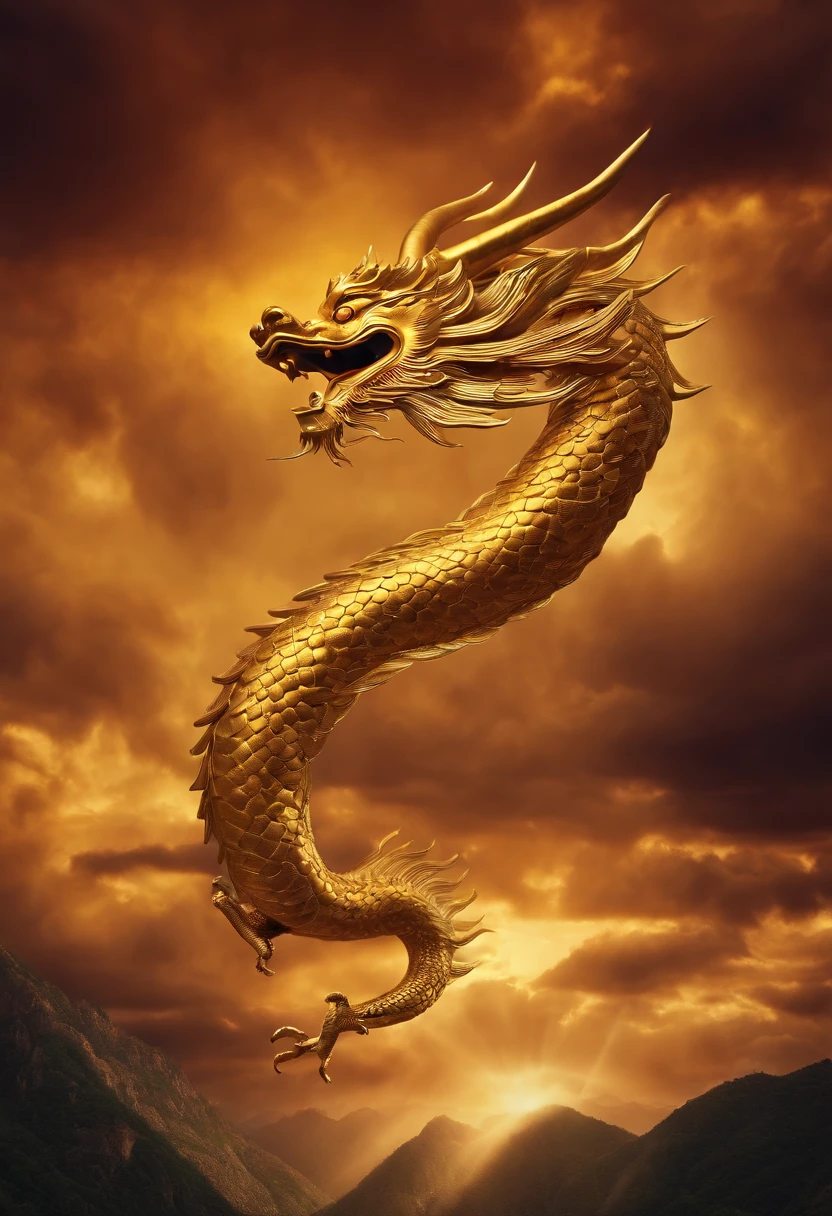 A golden Chinese dragon soaring into the sky