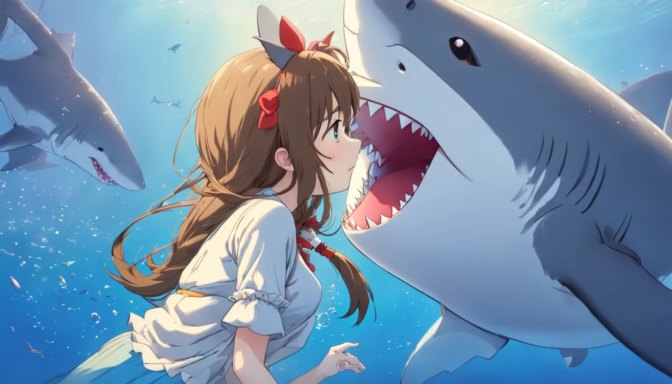 A giant wild great white shark protects beautiful adult, gothic, chubby, girl (Master parts: 1.5) (Fotorrealista: 1.1) (Bokeh) (Best quality) (The skin、pores、Detailed texture of hair: 1.1) (复杂) (8K) (hdr) (Wallpapers) (Cinematic lighting) (foco nítido )