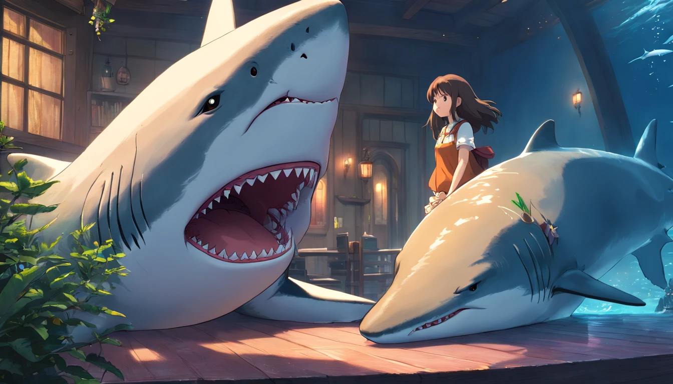 A giant wild great white shark protects beautiful adult, gothic, chubby, girl (Master parts: 1.5) (Fotorrealista: 1.1) (Bokeh) (Best quality) (The skin、pores、Detailed texture of hair: 1.1) (复杂) (8K) (hdr) (Wallpapers) (Cinematic lighting) (foco nítido )