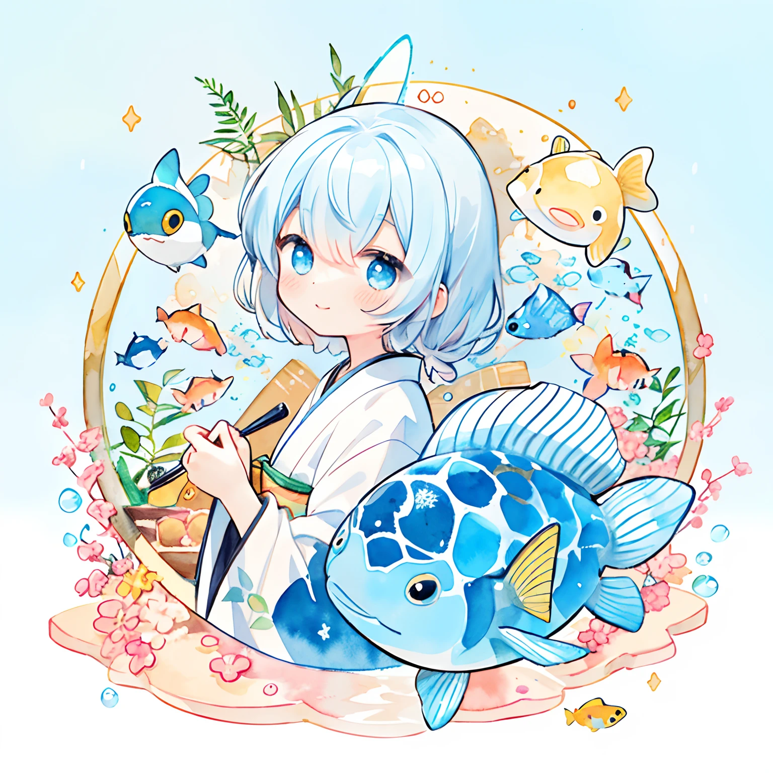 (PastelColors:1.5)、(Cute illustration:1.5)、(watercolor paiting:1.2)、(1 girl:1.0)、hair between eye、Blue background、Lots of Fish、Watching fish、Fluttering clothes,Lots of flutter、 Good Style、Glitter in the heart、White motif, Light dark blue hair、Cute, Head flutters、Happiness is playing、celebration、Thanksgiving、length hair、high-angle、Undulating hair、aquariums、smiled,Upper body, Fantasy, Detailed picture、A slight smil、Toyowa Toyowa、With turtles、A lot of fish are swimming around the girl、In the water、watercolor paiting、Moya、Hair swaying、full body Esbian、Fluttering shoes、Suisui、Luxury kimono、Fator、Lots of cloth、Transparent cloth、Little transparent cloth、golden colored、Gold dust scattering、kawaii、ren、aquariums、Girl's back view、beautiful a girl