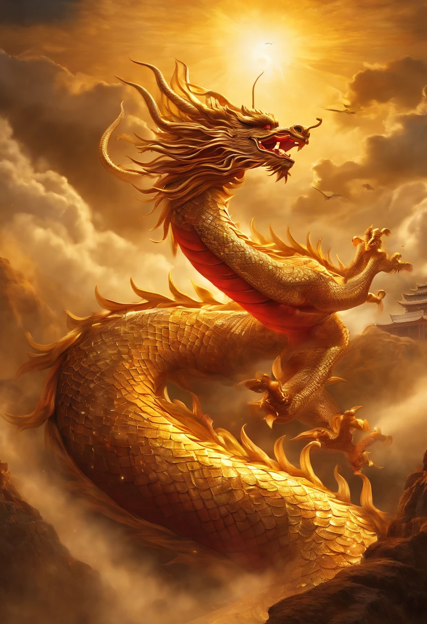 (golden chinese dragon,looking up,ascending to the sky),(best quality,highres,masterpiece:1.2),(ultra-detailed,physically-based rendering),(vivid colors,rich red and gold tones),(detailed scales and intricate patterns),(majestic presence,large and powerful),(brilliant golden glow,illuminating surroundings),(dramatic clouds and rays of light),(wise and fierce expression),(mythical creature,fantasy),(traditional chinese artwork,ink wash painting),(strong and graceful movements),(traditional chinese architecture,temple rooftops),(celestial background,stars and galaxies),(cultural symbol,luck and prosperity)