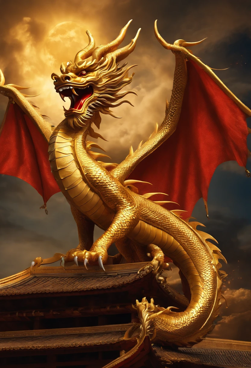 (golden chinese dragon,looking up,ascending to the sky),(best quality,highres,masterpiece:1.2),(ultra-detailed,physically-based rendering),(vivid colors,rich red and gold tones),(detailed scales and intricate patterns),(majestic presence,large and powerful),(brilliant golden glow,illuminating surroundings),(dramatic clouds and rays of light),(wise and fierce expression),(mythical creature,fantasy),(traditional chinese artwork,ink wash painting),(strong and graceful movements),(traditional chinese architecture,temple rooftops),(celestial background,stars and galaxies),(cultural symbol,luck and prosperity)