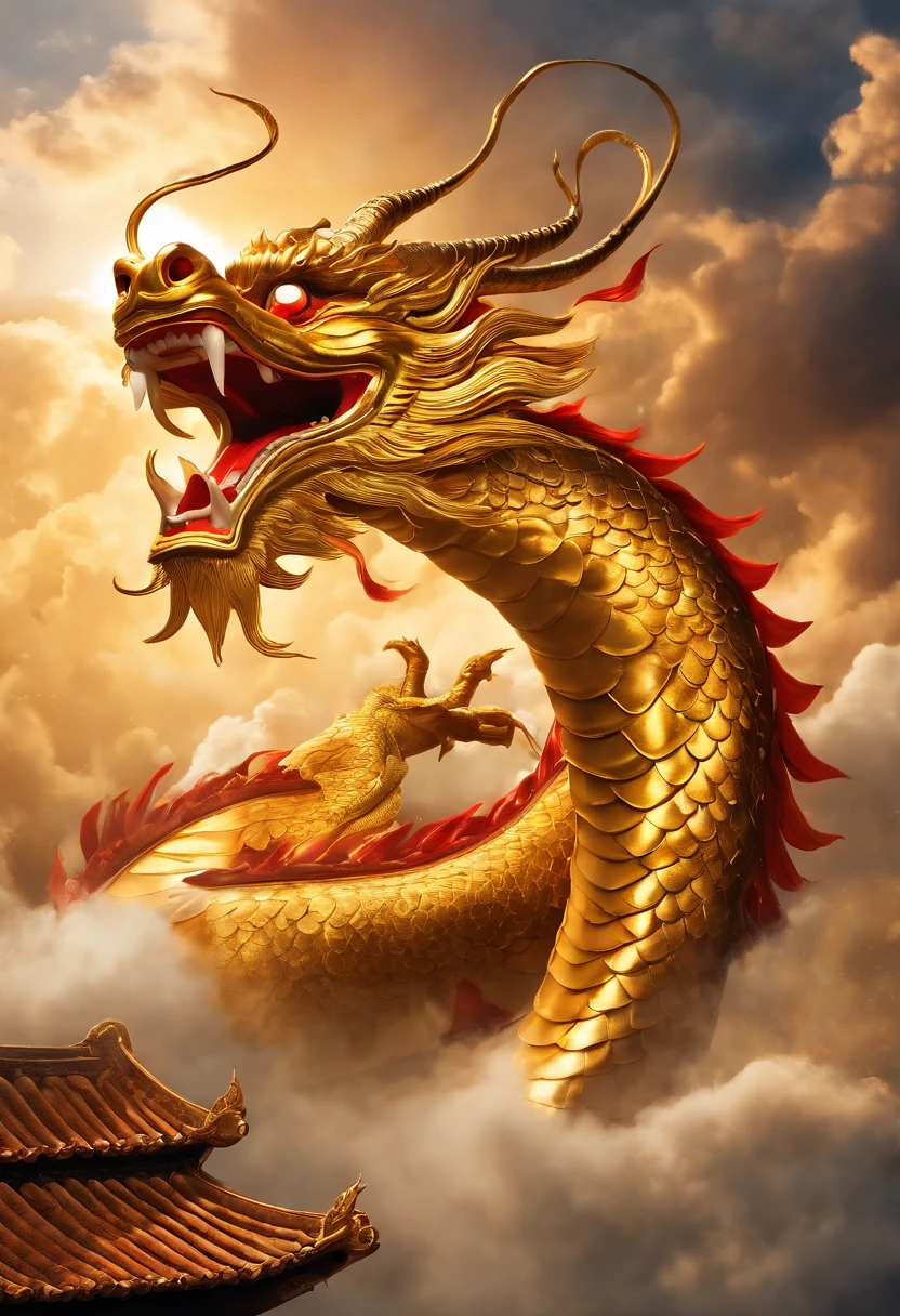 (golden chinese dragon,looking up,ascending to the sky),(best quality,highres,masterpiece:1.2),(ultra-detailed,physically-based rendering),(vivid colors,rich red and gold tones),(detailed scales and intricate patterns),(majestic presence,large and powerful),(brilliant golden glow,illuminating surroundings),(dramatic clouds and rays of light),(wise and fierce expression),(mythical creature,fantasy),(traditional chinese artwork,ink wash painting),(strong and graceful movements),(traditional chinese architecture,temple rooftops),(celestial background,stars and galaxies),(cultural symbol,luck and prosperity)