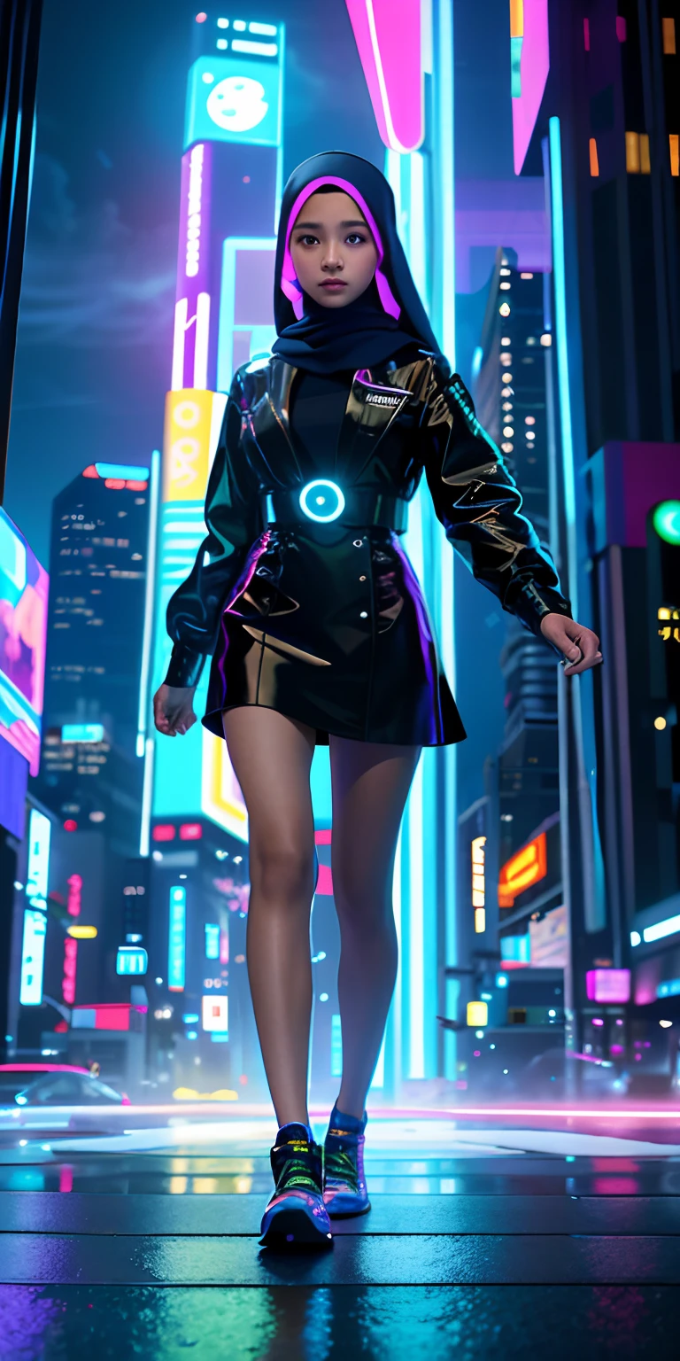 Craft an electrifying scene set in a futuristic, neon-lit cyberpunk cityscape at night. Towering skyscrapers with holographic billboards loom overhead, casting colorful reflections onto the rain-soaked streets. In the center of this high-tech metropolis, a young Malay girl in hijab, radiating a sense of wonder and determination, encounters an otherworldly, bioluminescent creature emerging from the shadows. The girl's presence adds a human touch to this high-tech urban landscape, creating a captivating contrast.