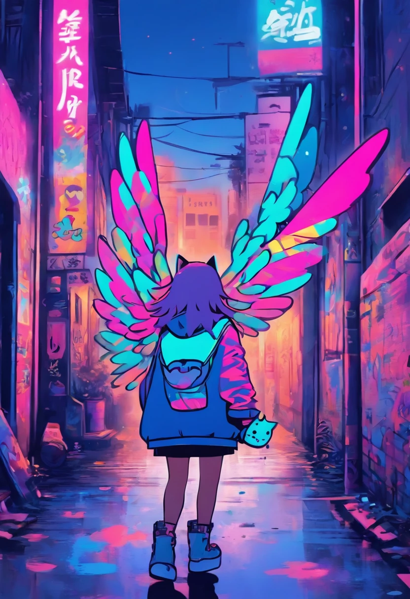 There was a cute girl with big wings from the back with a cat, Standing on a quiet street,Cute graffiti art in full frame,Rough line art by Mr.. Graffiti and Keith Haring, Klein Blue, stick figures, zora々Right, Cute, anthropomorphic, ,doodle, Sharpie Illustration, MBE Illustration, bold lines, Grunge Beauty Style, mixed patterns, text and emoji installations,32K,Retro Color,PastelColors,simple