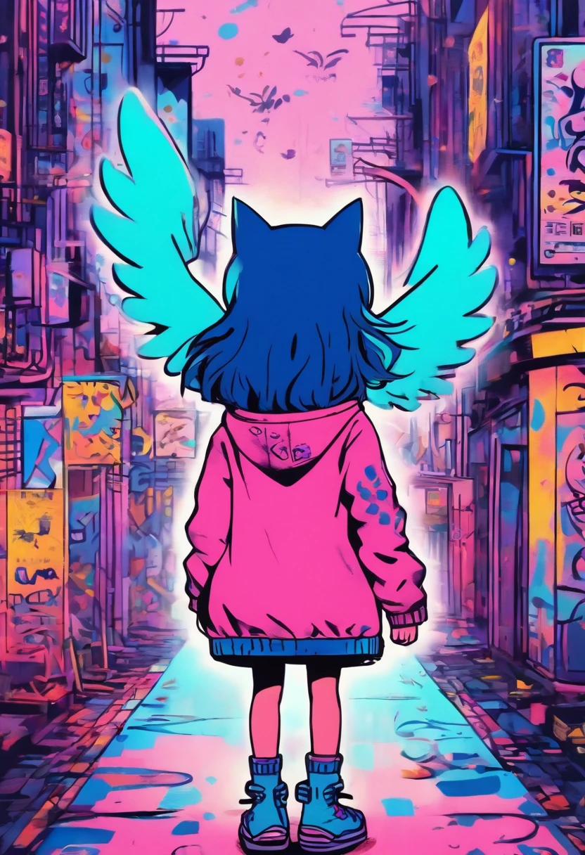 There was a cute girl with big wings from the back with a cat, Standing on a quiet street,Cute graffiti art in full frame，Rough line art by Mr.. Graffiti and Keith Haring, Klein Blue, stick figures, zora々Right, Cute, anthropomorphic, ,doodle, Sharpie Illustration, MBE Illustration, bold lines, Grunge Beauty Style, mixed patterns, text and emoji installations,32K，Retro Color，PastelColors，simple