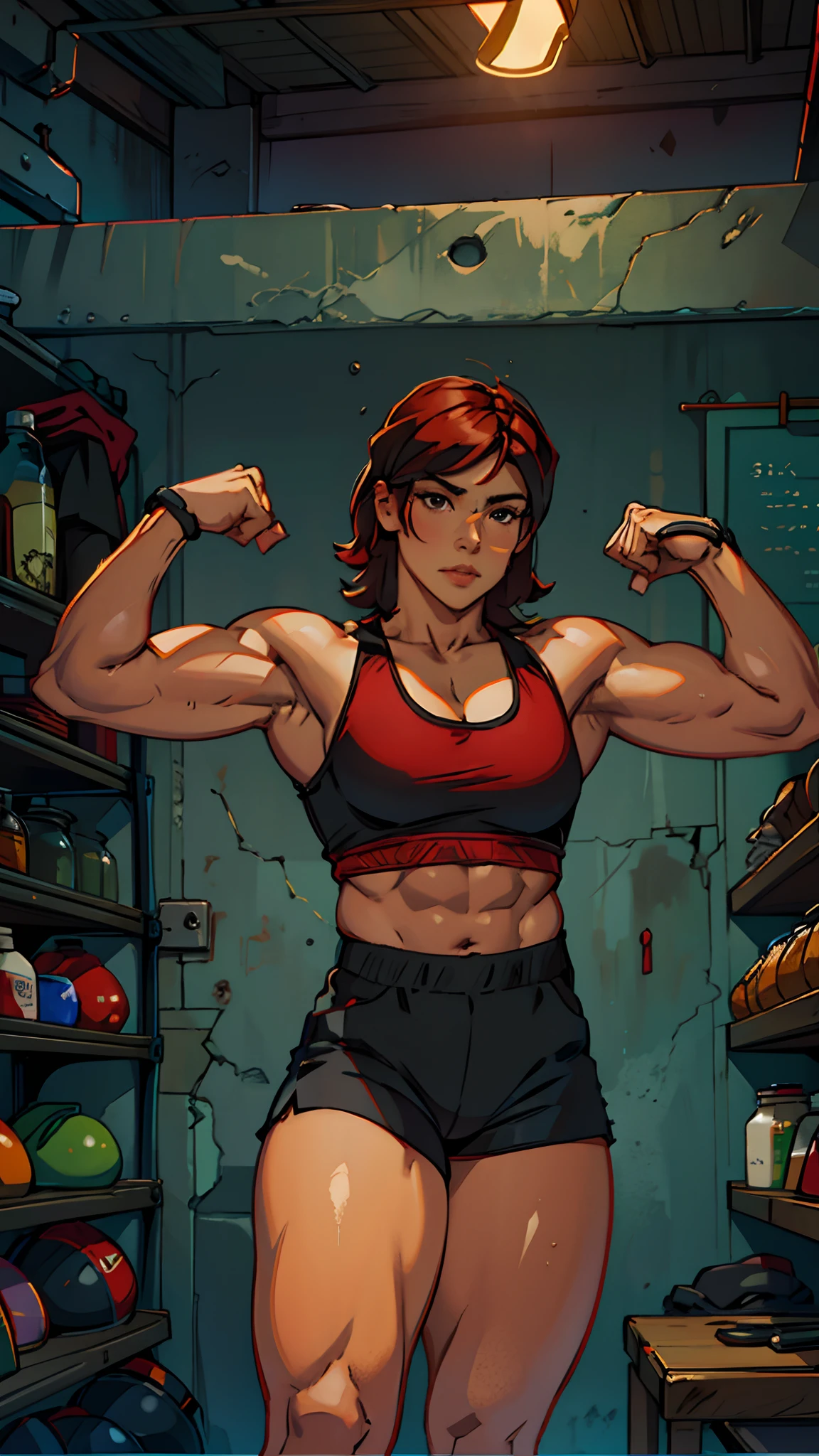 woman, black skin, short straight red hair, muscular, fit body, big muscular biceps, thick leg, muscular leg, attractive woman, black mini shorts, short black gym top