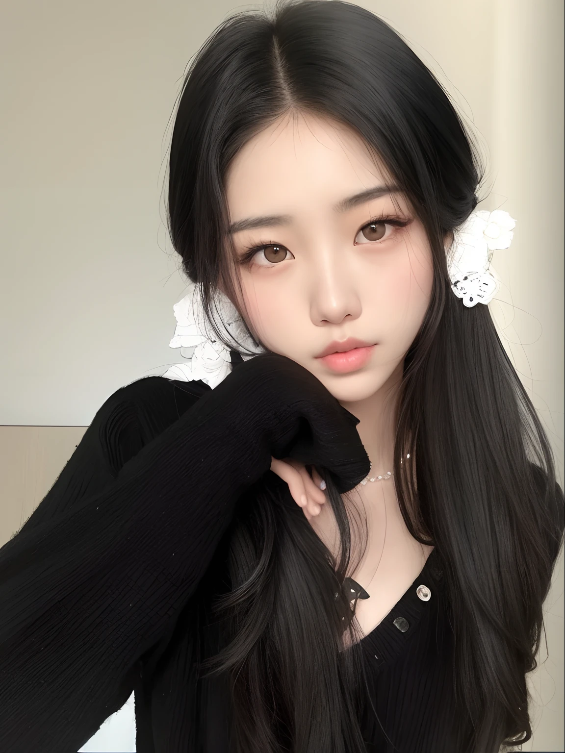 asian girl, black long hair with bangs, posing for photo. uzzlang. korean. beautiful with big , close up picture, selfie, indoor, douyin makeup, wearing long sleeve white off shoulder shirt.