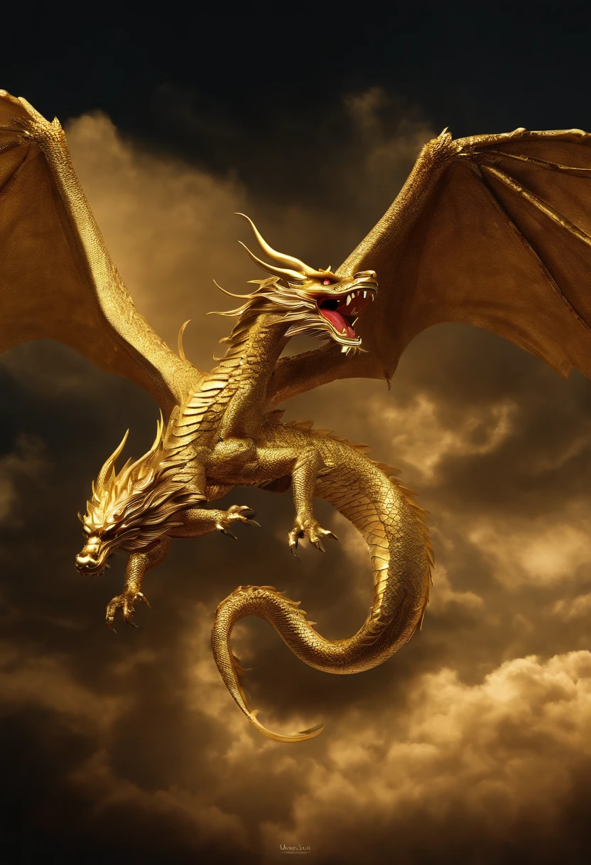 A gold dragon in the dark sky, Best quality, Masterpiece, 超高分辨率, (photograph realistic:1.4), surrealism, Dream-like,fusionart, Shadowdancer, shadow magic, darkness control, stealth, shadowstep, umbral spells, hidden blade