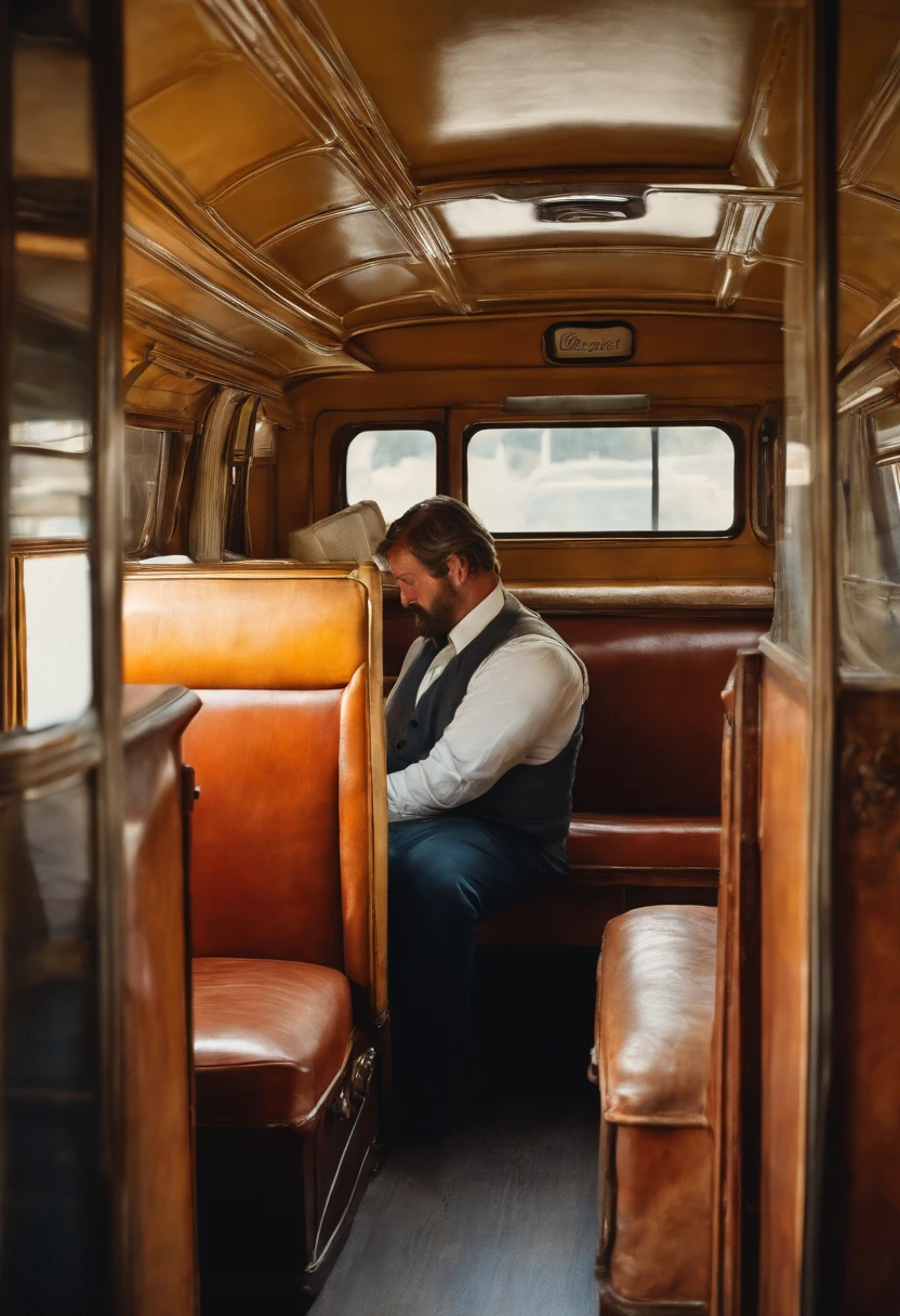 Man asleep inside an antique bus in the year 1980 watercolor