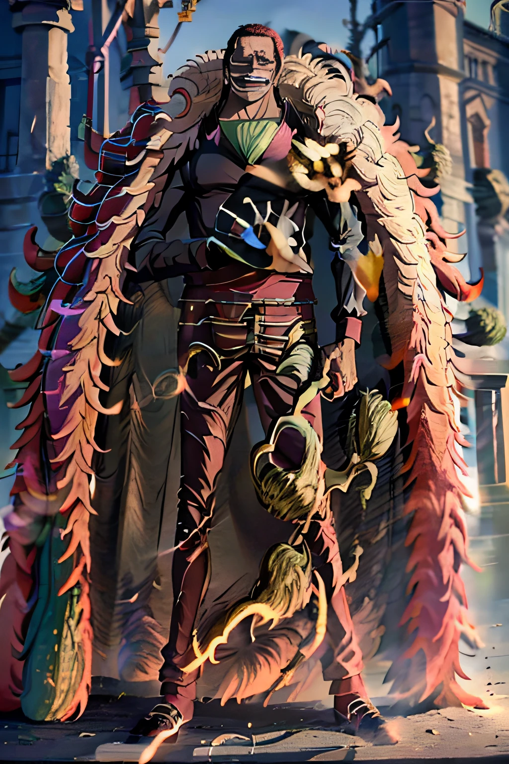 Best Quality,Detailed depiction of the human body、 4K,8K,(masutepiece:1.2),male people、 Solo, Closed mouth, lightsmile,onepiece、Doflamingo、crocodile、((Doflamingo and crocodile combination))、eye glasses, Standing, Looking at the viewer, ((Upper body)),