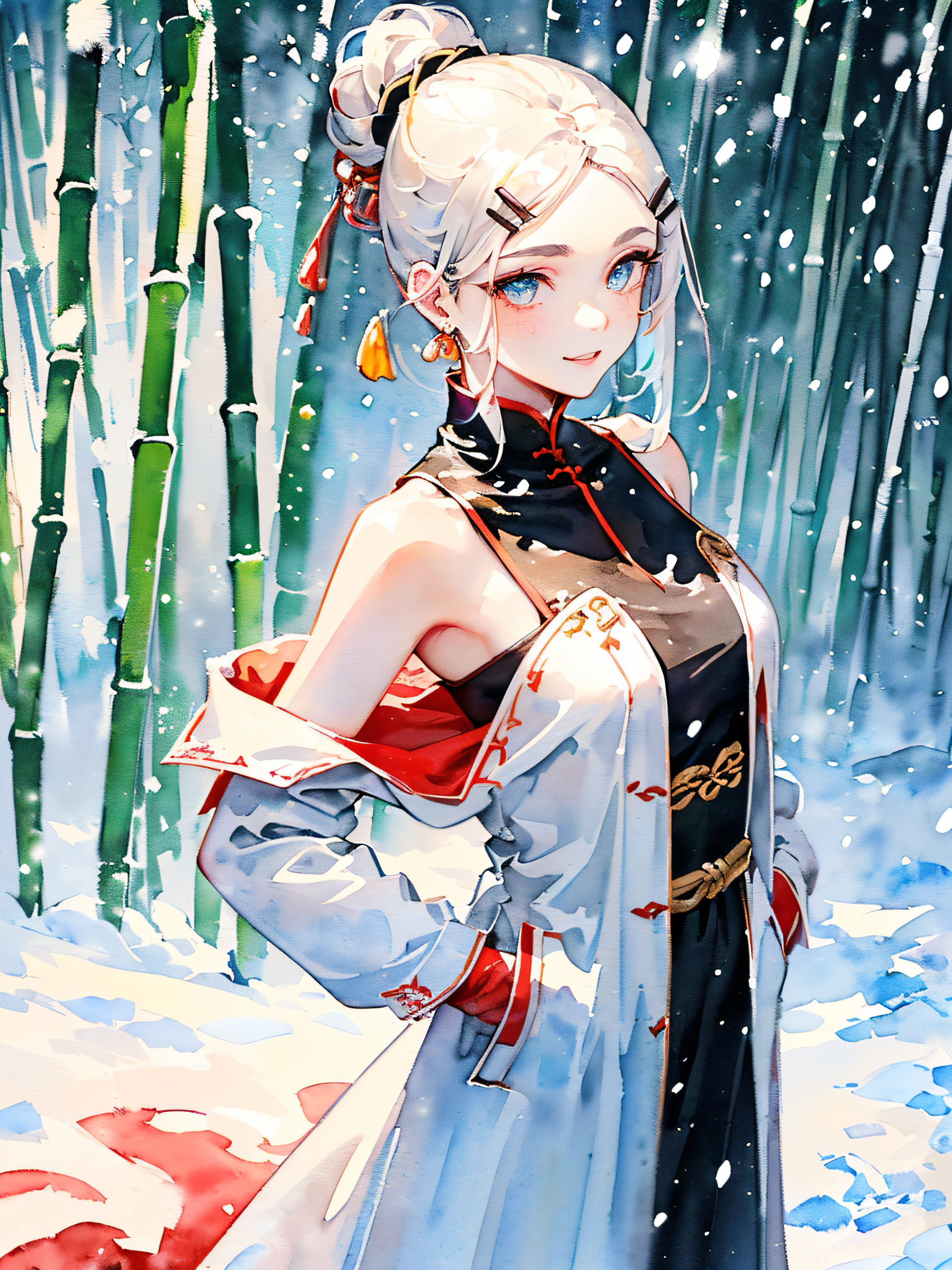 (((samurai hairstyle:1.2,)))(((((((Chinese ink painting，watercolor paiting,bamboo forest background,rich background,Light interlaces light and dark，snowing,Snowflakes in the sky，))))))((((female face,confident smile,adorable ,cute,kawaii)))),(((dragon pupils:1.2,blush stickers,v shaped eyebrows,cyan Mix white pick dye hair，fox fur cuffs,White mink coat:1.2，off shoulders,hands in pockets,)))((1lady,amazing,races of mixing korean lady and Saudi Arabia lady，rosto magro，Solo,))(Masterpiece,Best quality, offcial art, Beautiful and aesthetic:1.2),((超高分辨率,Golden ratio,)) (hrs,HD,16k),((from above，milf，busty body,detailed oil painting,)),{{watercolor}},(Physically-based rendering),Amazing,Sharp focus, (((highdetailskin,))),Intricately detailed clothing,Lying silkworm eyebrows，long eyebrows,Delicate pupils,danfeng eye,((((detailed hair,short hair|Undercut|High top knot|Voluminous updo)))),Slender,(masterpiece sidelighting),(The sheen),(beautiful hair,beautiful eyes,）[[Delicate fingers and hands:0.55]::0.85],(Detail fingers),(((Superior quality,)))),((unbelievable Ridiculous,)),((extremely_Detailed_Eyes_and_face)),Movie girl,(Dynamic configuration: 1.2),Brilliant,Glossy, (Photorealistic:1.2), The light from the back window is backlighted,mitts, ((hairpin)),golden earrings, Light particles petals, Side Rock,Graceful maxi dress, two-sided fabric