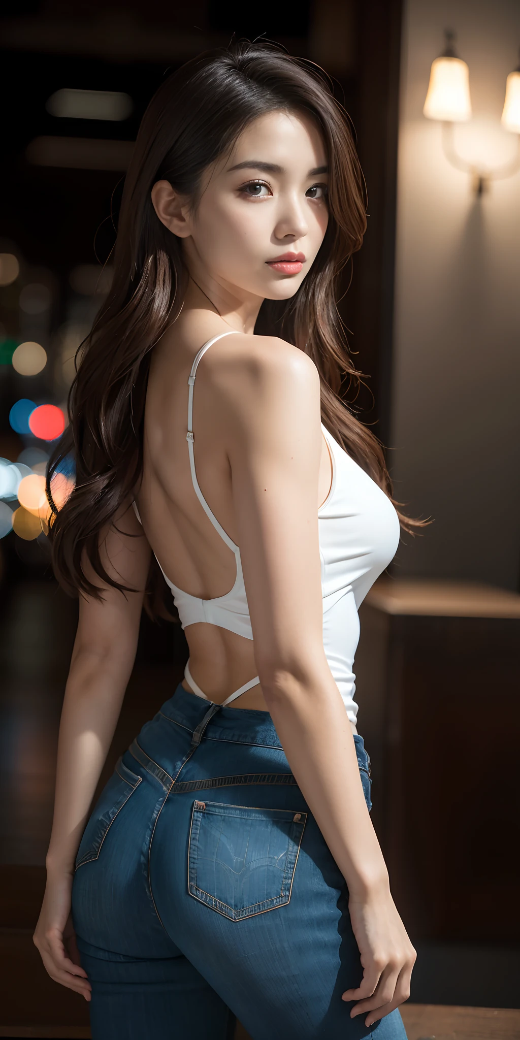 Full face portrait photo of a 25-year-old European girl, RAW, beautiful woman, semi-open strawberry lips, dimples, wistful look, (extra long wavy brown hair), ((detailed face)), ((detailed facial features)), (finely detailed skin), pale skin, (deep neckline detailed high-tech cyberpunk dress), cyberpunk megacity environment, (cool colors), damp, damp, reflections, (masterpiece) (perfect proportion)(realistic photo)(best quality)  (detailed) shot on a Canon EOS R5, 50mm lens, F/2.8, HDR, (8k) (wallpaper) (cinematic lighting) (dramatic lighting) (sharp focus) (intricate), RAW photo, RAW photo, gigachad photo, posing for camera, black jeans, back arms, 8k uhd, dslr, high quality, grain film, Fujifilm XT3