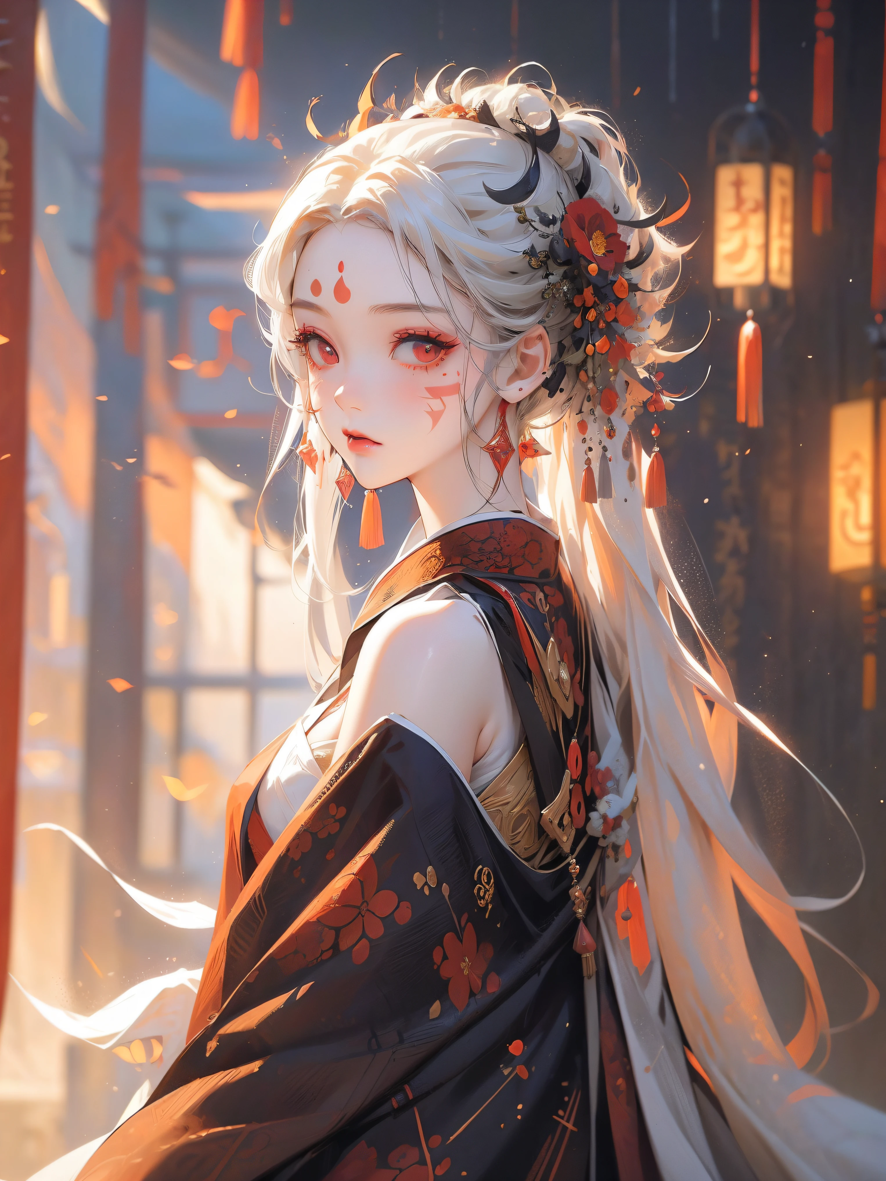 (masterpiece), best quality,rich background,lantern, beautiful detailed hair ，detailed face, 1 girl, solo, cowboy shot, perfect feminine face, very stunning woman, traditional hanfu,obi, chesnut white hair, short hair,twintails,red eyes,simple eyelashes,blushing,mole under mouth,off shoulders，off shoulders，facepaint，