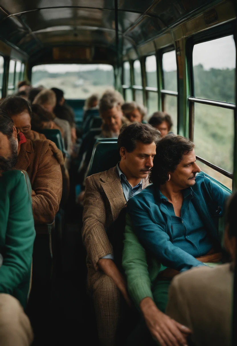 Hombre dormido, Inside a bus, antiguo, in 1980, tipo acuarela, with more people on the bus.