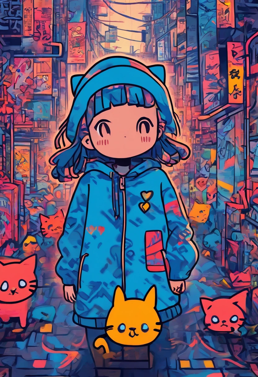 There was a cute girl with a cat, Standing on a quiet street,Cute graffiti art in full frame,Rough line art by Mr.. Graffiti and Keith Haring, Klein Blue, stick figures, zora々Right, Cute, anthropomorphic, ,doodle, Sharpie Illustration, MBE Illustration, bold lines, Grunge Beauty Style, mixed patterns, text and emoji installations,32K