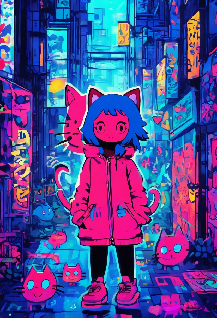 There was a cute girl with a cat, Standing on a quiet street,Cute graffiti art in full frame，Rough line art by Mr.. Graffiti and Keith Haring, Klein Blue, stick figures, zora々Right, Cute, anthropomorphic, ,doodle, Sharpie Illustration, MBE Illustration, bold lines, Grunge Beauty Style, mixed patterns, text and emoji installations,32K
