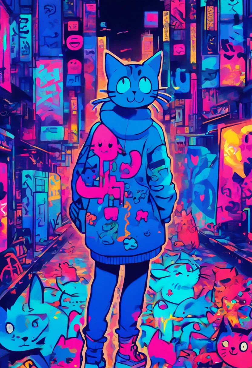 There was a cute girl with a cat, Standing on a quiet street,Cute graffiti art in full frame,Rough line art by Mr.. Graffiti and Keith Haring, Klein Blue, stick figures, zora々Right, Cute, anthropomorphic, ,doodle, Sharpie Illustration, MBE Illustration, bold lines, Grunge Beauty Style, mixed patterns, text and emoji installations,32K