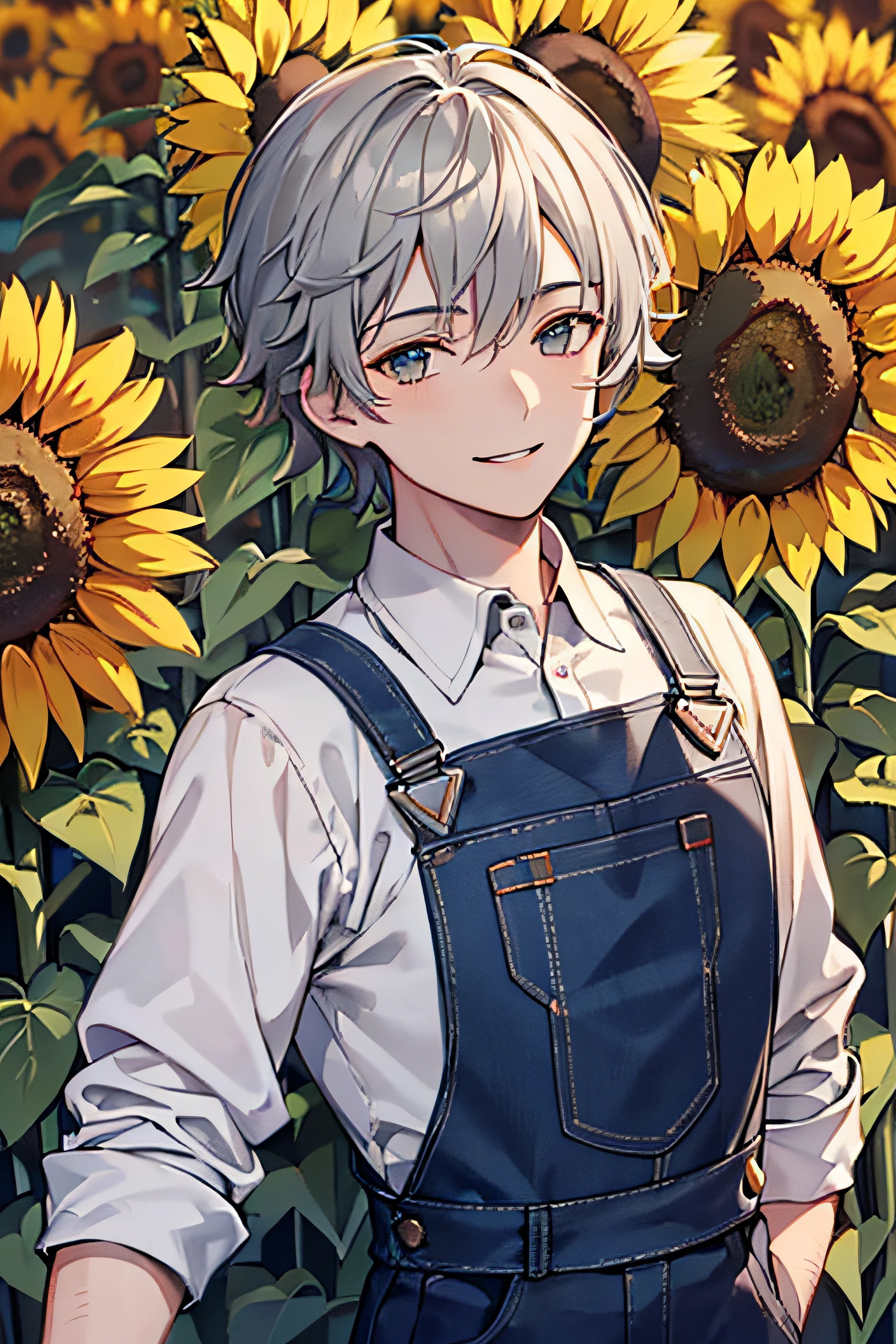 1.5, best quality, high quality, High definition, High quality texture, High quality shadow, high detail, beautiful detailed, finely detailed, extremely detailed cg, detailed texture, 1man, boy, male, ((farmer)), young man, time turned back, grey hair, smiling, old soul, sunny, overalls, rolled up sleeves, in field of sunflowers