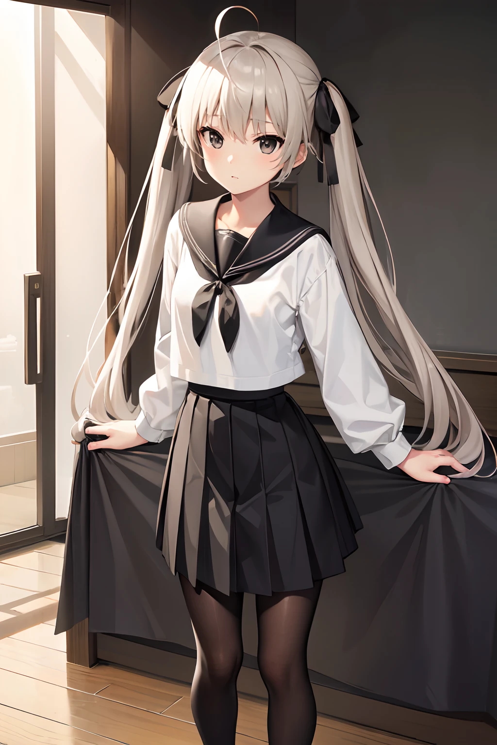 sorakasugano, sora kasugano, ahoge, (black eyes:1.5), hair between eyes, hair ribbon, long hair, twintails, black ribbon, white hair, (flat chest:1.2), BREAK black footwear, black pantyhose, grey ribbon, grey skirt, loafers, long sleeves, miniskirt, pantyhose, pleated skirt, sailor collar, school uniform, serafuku, shoes, skirt, white sailor collar, white serafuku, BREAK looking at viewer, (BREAK standing upright), BREAK outdoors, BREAK (masterpiece:1.2), best quality, high resolution, unity 8k wallpaper, (illustration:0.8), (beautiful detailed eyes:1.6), extremely detailed face, perfect lighting, extremely detailed CG, (perfect hands, perfect anatomy),