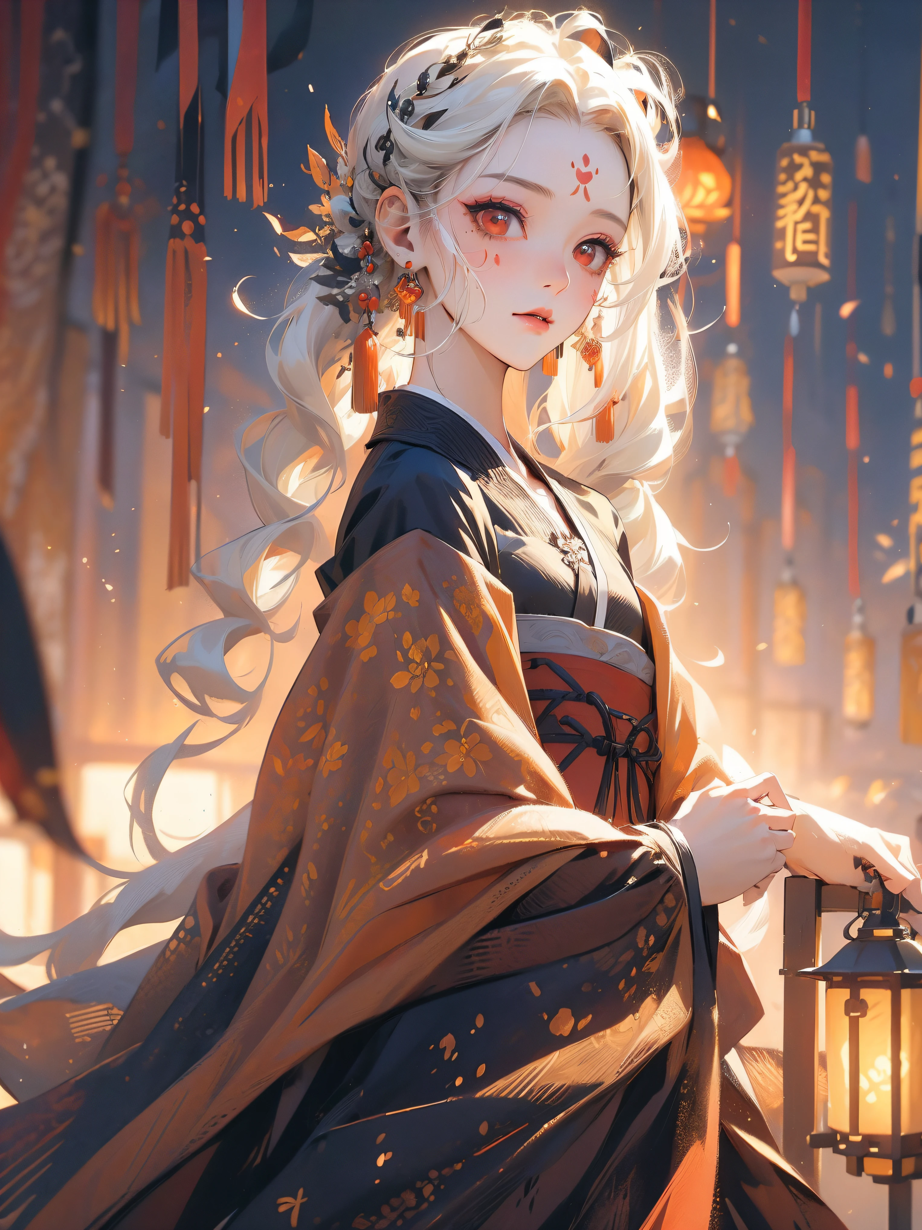 (masterpiece), best quality,rich background,lantern, beautiful detailed hair ，detailed face, 1 girl, solo, cowboy shot, perfect feminine face, very stunning woman, traditional hanfu,obi, chesnut white hair, short hair,twintails,red eyes,simple eyelashes,blushing,mole under mouth,off shoulders，off shoulders，facepaint，