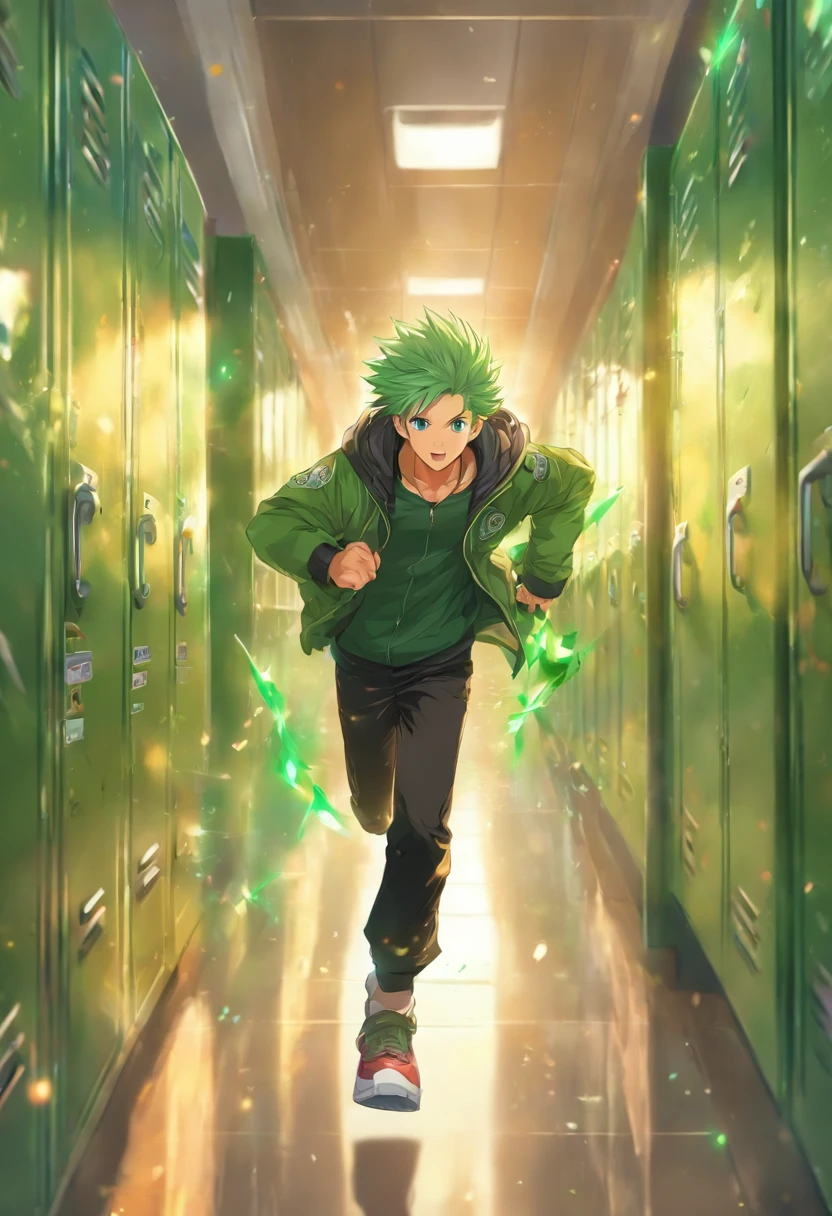 the man is running, he is wearing a green jacket, he is wearing black trousers, he is wearing white sneakers, he has short green hair, he has green eyes, he is in school hallway, he is carrying a backpack on his shoulders, there are school lockers, and the entrance to the school, and also the classroom door, many students passing by, very realistic, extremely detailed