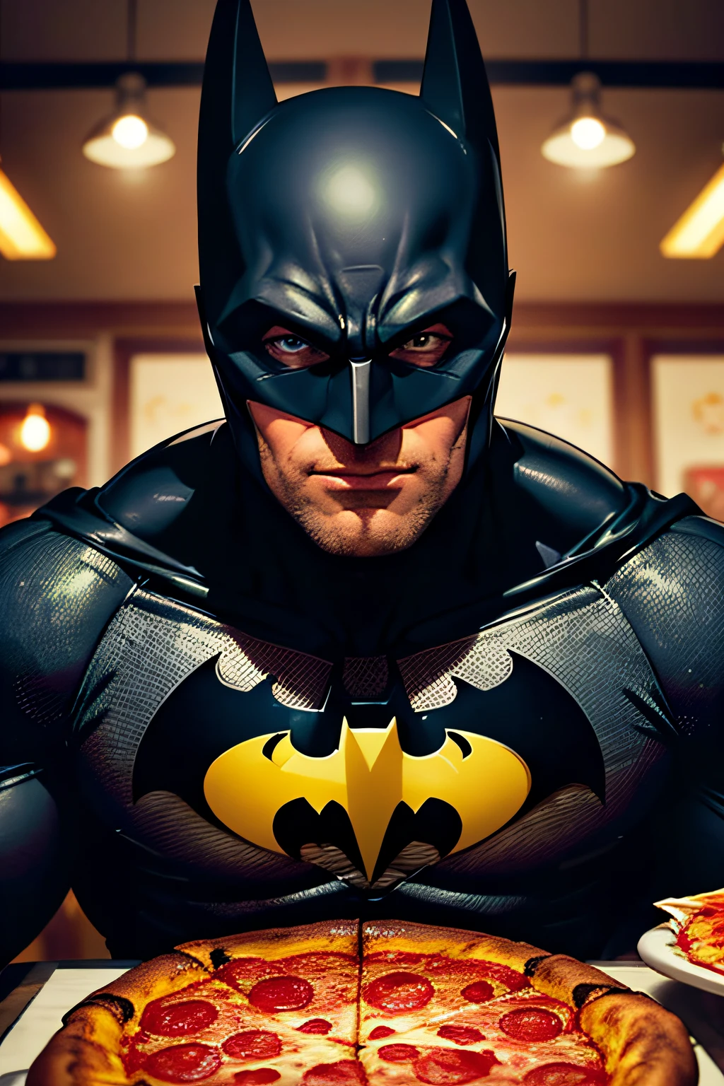 Batman, happy, in a beautiful, well-lit pizzeria, ready to eat a pepperoni pizza, looking straight ahead with the viewer with his head in close-up