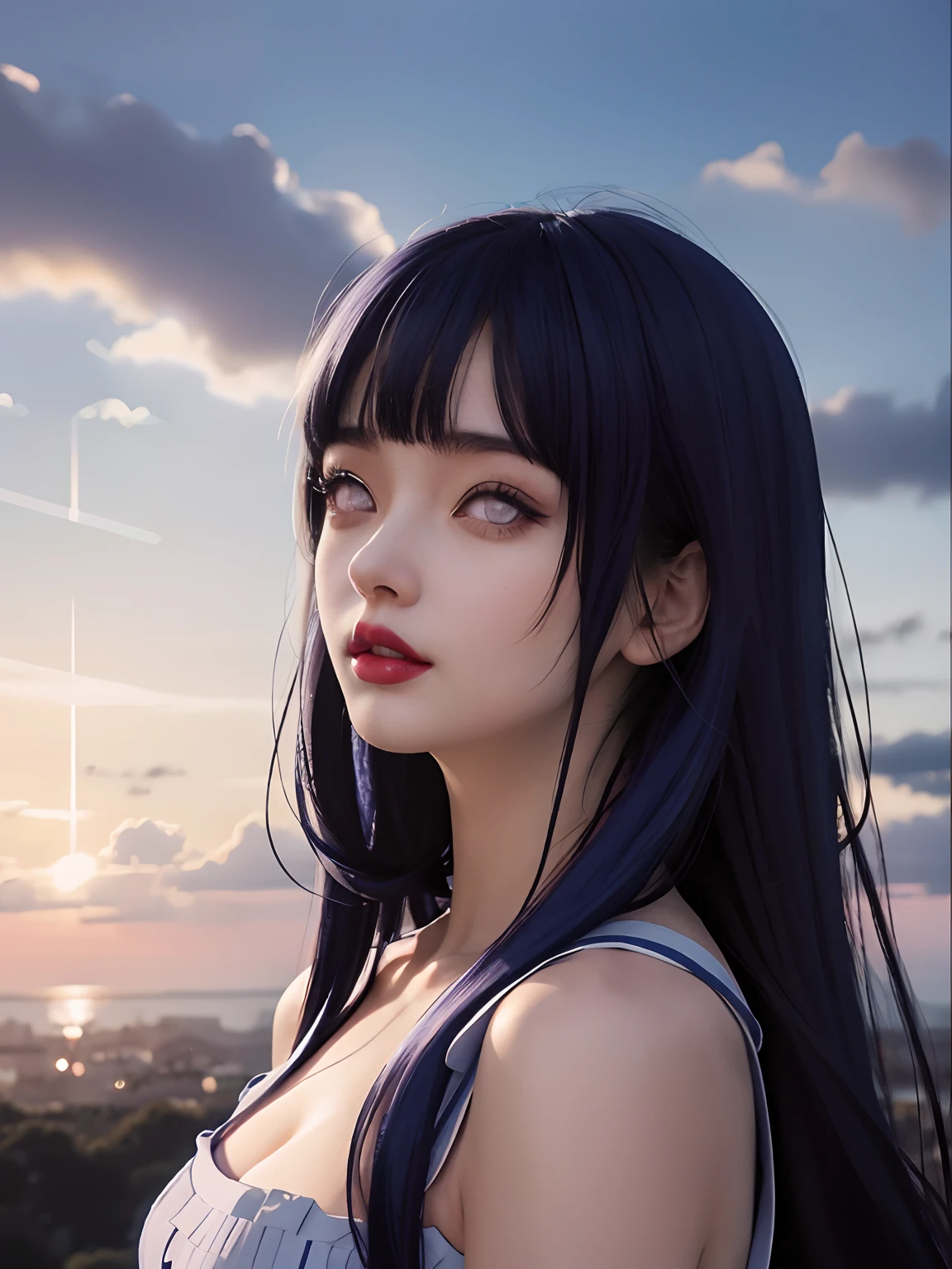 a close up of a person with long hair and a hoodie, hinata hyuga, hinata hyuga from naruto, from naruto, as an anime character, perfect anime face, she has dark blue hair with bangs, female anime character, anime character, anime best girl, hime cut hairstyle, dark blue hair, (red glossy lips:1.3), light purple eyes, big breasts, realistic, ultra detail