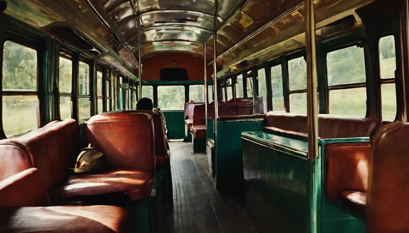 Hombre dormido, Inside a bus, antiguo, en 1980, tipo acuarela, with more people on the bus.