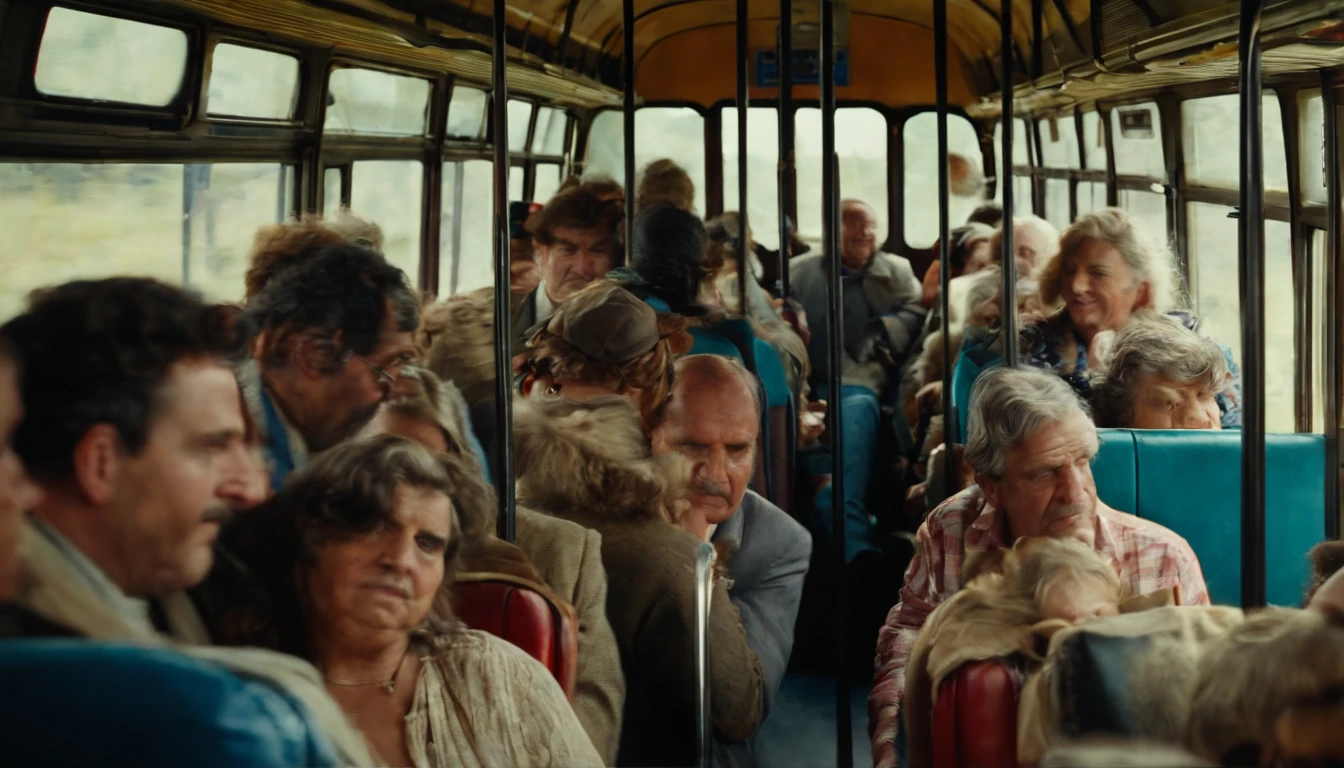 Hombre dormido, Inside a bus, antiguo, en 1980, tipo acuarela, with more people on the bus.