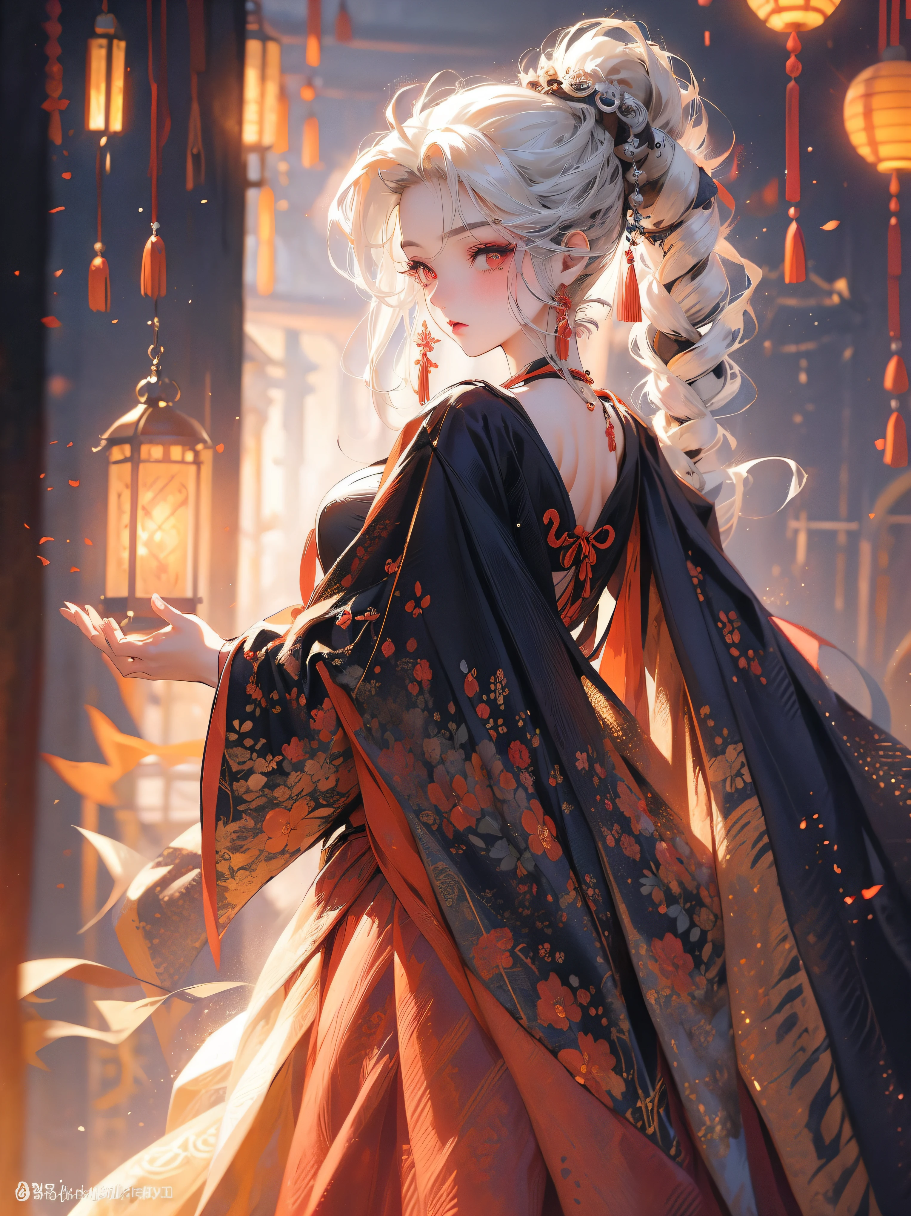 (masterpiece), best quality,rich background,lantern, beautiful detailed hair ,{Long hair with natural waves|Shaggy cut|Long bold side bangs|Curly hair|Neat ponytail|Sleek pixie cut|High top knot with twist braids|Voluminous updo|Undercut},detailed face, 1 lady, solo, cowboy shot, perfect feminine face, very stunning woman, traditional hanfu,off shoulders, chesnut white hair, short hair,twintails,red pupils,long eyelashes,blushing,mole under mouth,backlit,rim light,glow,
