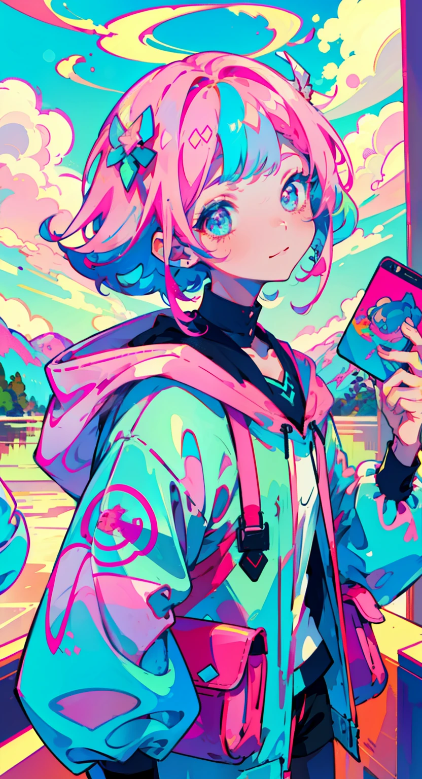 girl in pink long hair, cute, cool pose, selfie, masterpiece, highly detailed, best quality, sharp focus, soft lighting, limited color palette, pastel colors, cute, ((kawaii)), dark skin,
(Panchen: 1.3), smile, solo,
dark brown hoodie, blue shorts,
Pink eyes, (pink hair: 0.6), (blue hair: 0.8), (gradient hair: 0.6), short hair, Bratis